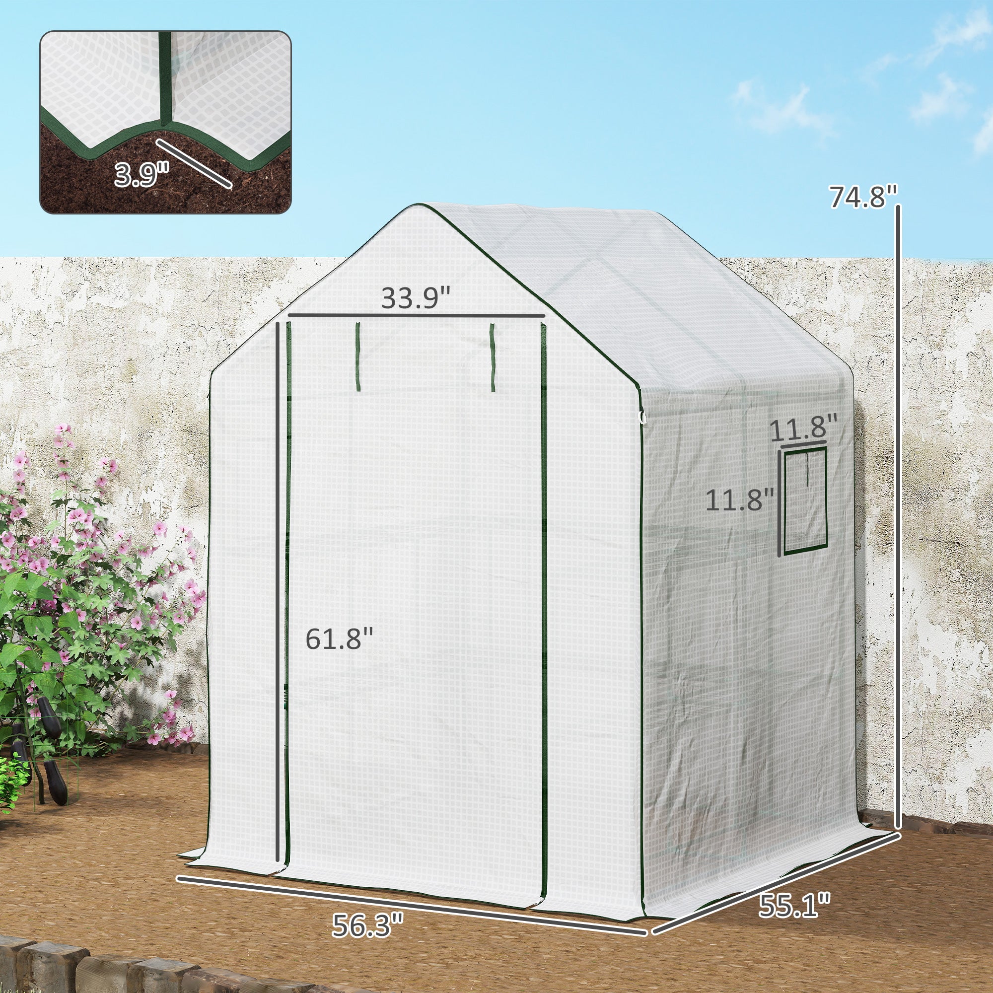 4.6' x 4.7' Portable Greenhouse, Water/UV Resistant Walk-In Small Outdoor Green House with 2 Tier U-Shaped Flower Rack Shelves, Roll Up Door & Windows, White - White - Image 3