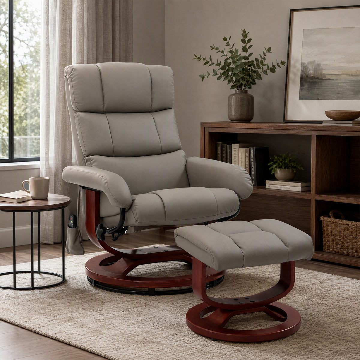 Massage Recliner Chair with Ottoman, Swivel Recliner and Footrest, Faux Leather Reclining Chair w/ Remote Control, Gray