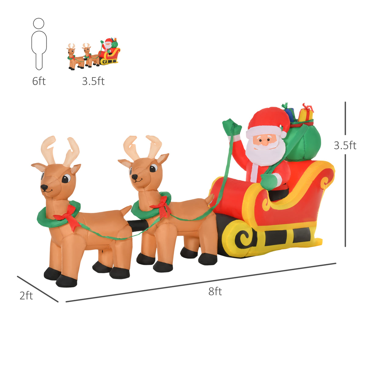 8ft Long Christmas Inflatable Santa Claus with Sleigh and Reindeer, Outdoor Blow-Up Yard Decoration with LED Lights Display