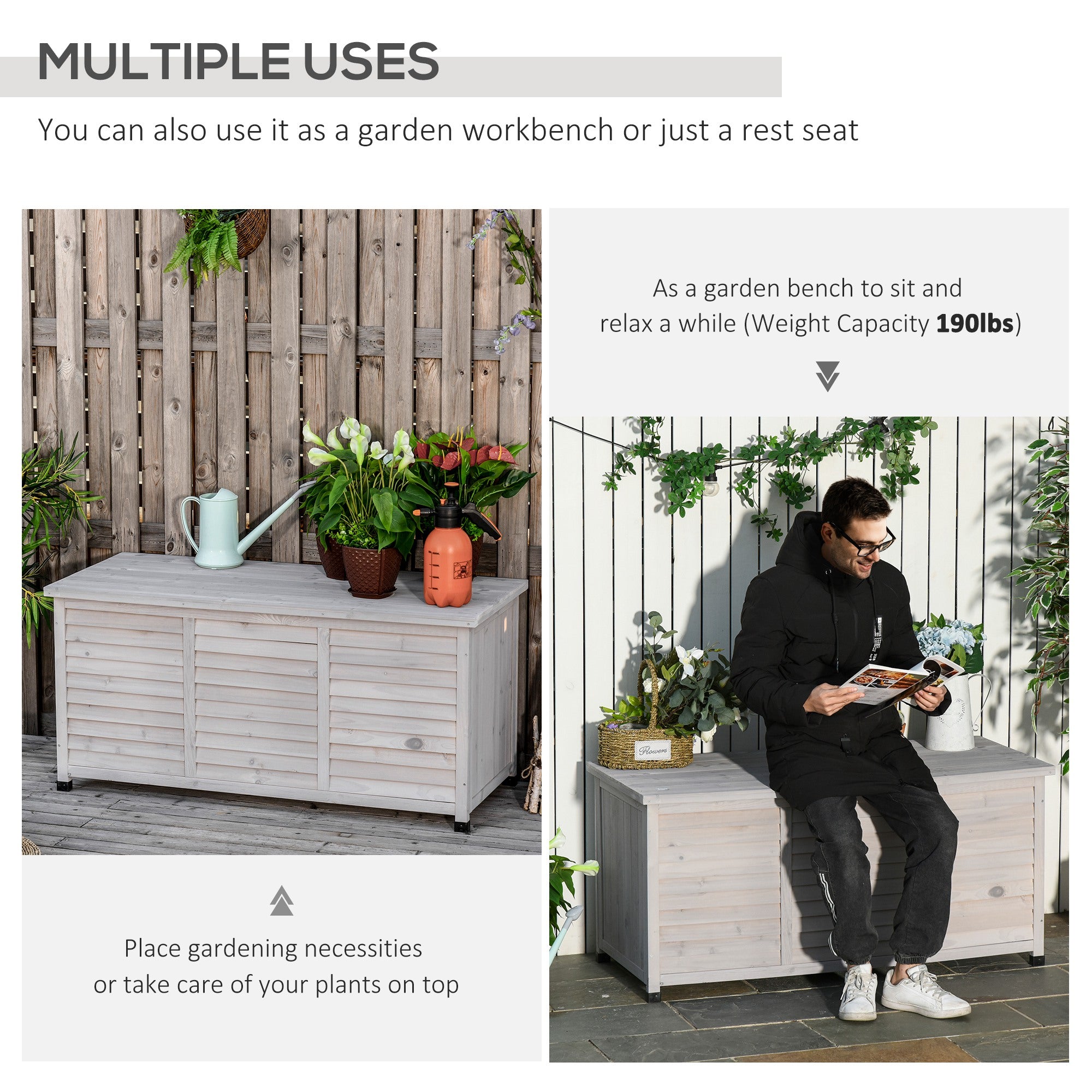 75 Gallon Wooden Deck Box, Outdoor Storage Container with Aerating Gap & Weather-Fighting Finish, Grey - grey - Image 5
