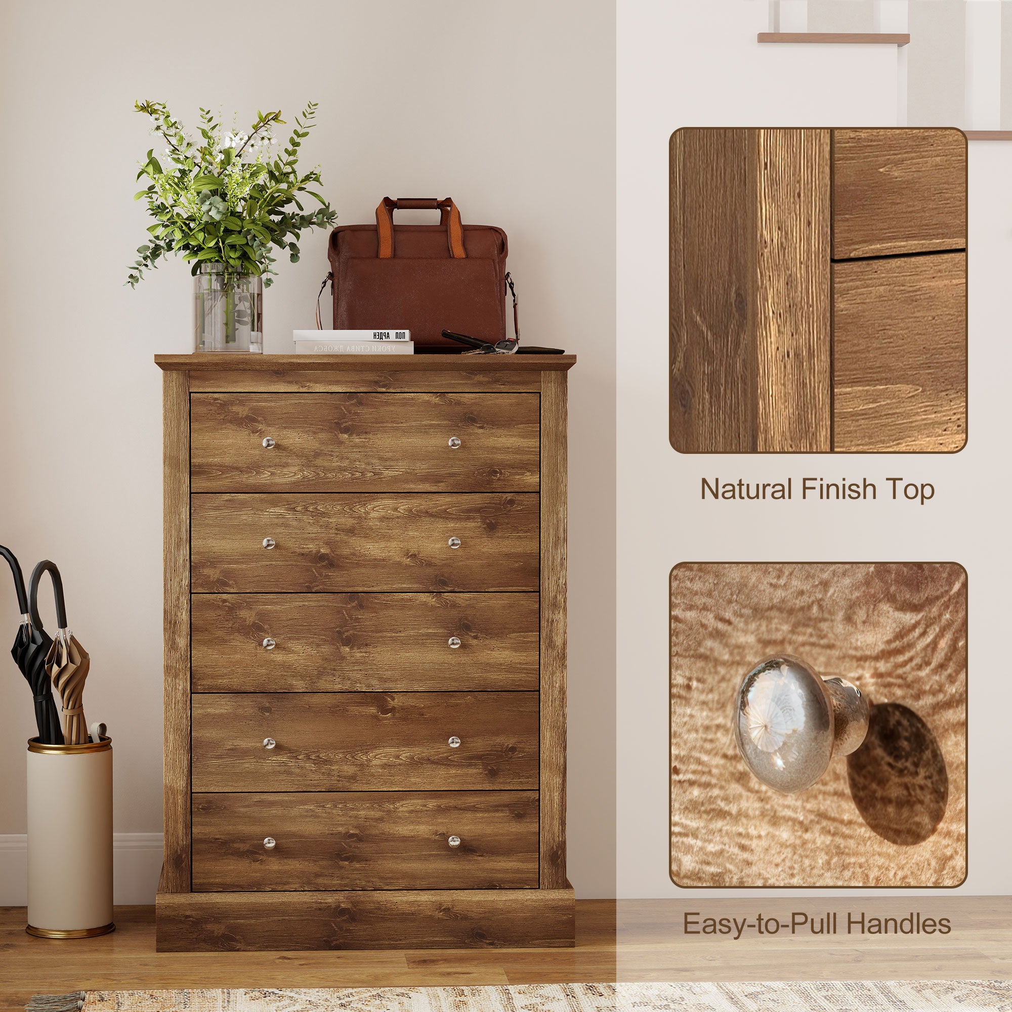 31" Wide Farmhouse Chest of Drawers with 5 Drawers, Dresser for Bedroom with Wood Top for Living Room, Brown