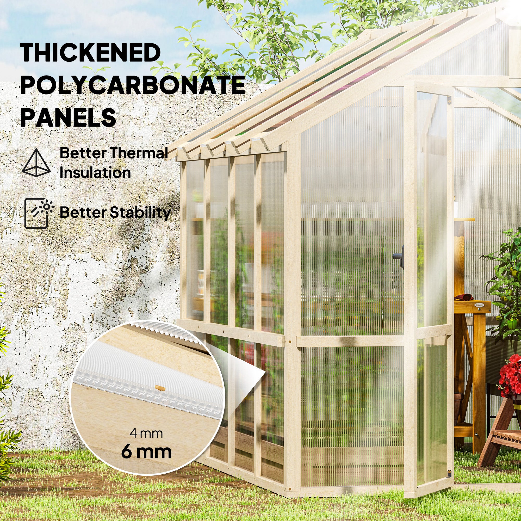 Wooden Greenhouse 6.6 x 8 ft Polycarbonate Walk-in with Lockable Door Thickened Panels, Roof Vent - Brown - Image 4
