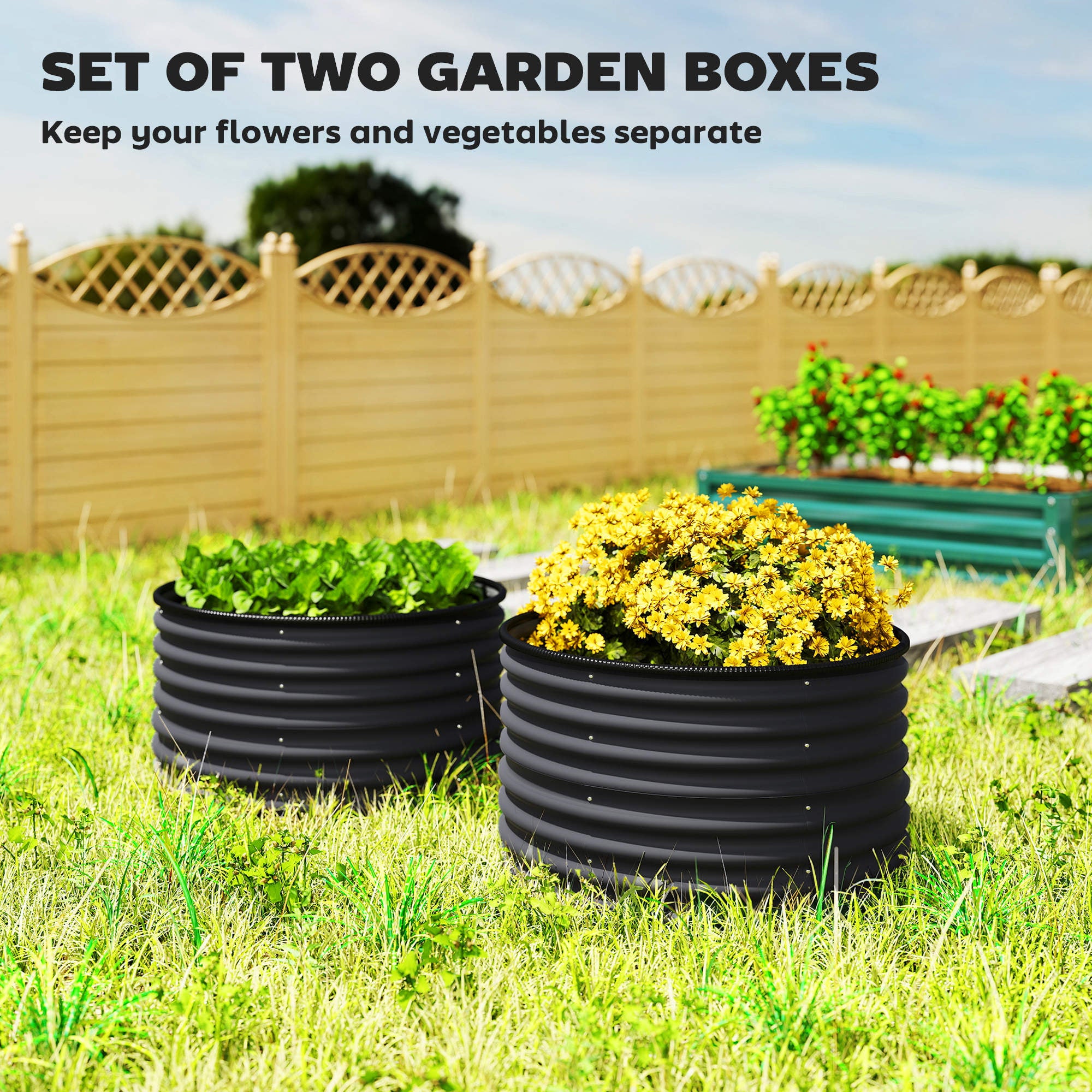 Set of 2 Raised Garden Bed, Metal Planter Box with Safety Edging, Easy-to-assemble Stock Tank, Dark Gray - Dark Gray - Image 4