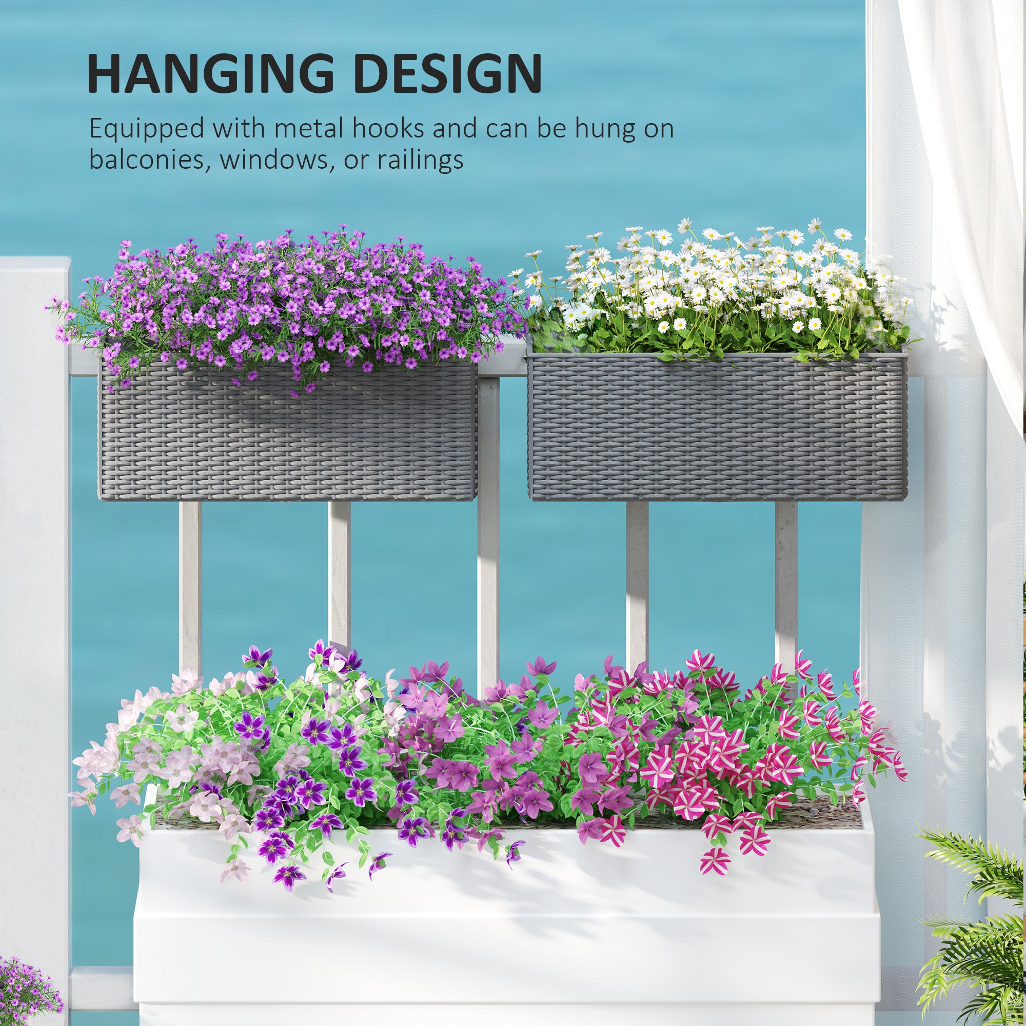 2 Pack 20 Inch Railing Flower Pots, Hanging Flower Pots with Hooks, Drainage Holes for Fence, Rattan Look, Gray - Gray - Image 7