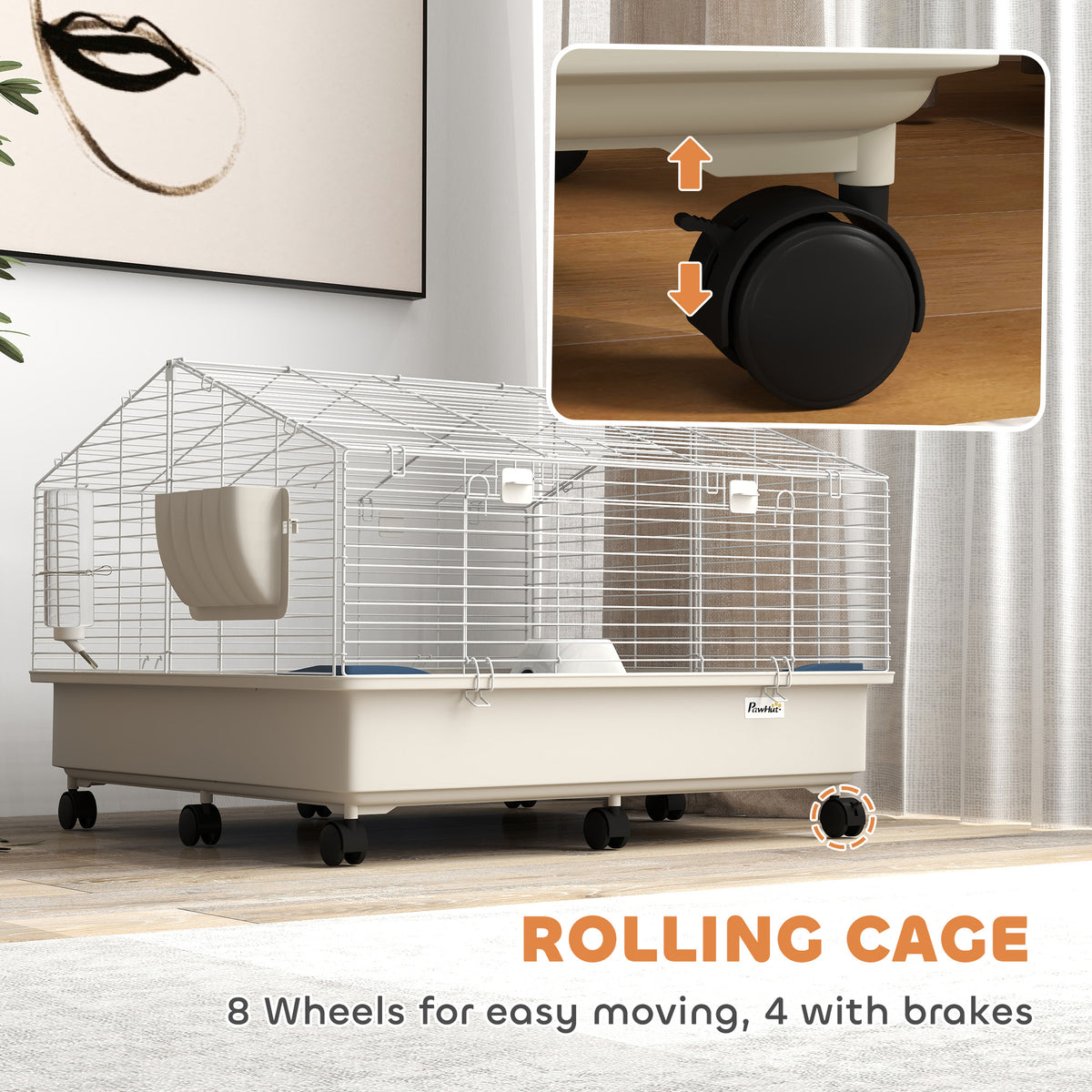 Rolling Small Animal Cage with Water Bottle, Hay Feeder, Food Dish for Rabbits, Hedgehogs, Guinea Pigs, 35" x 35" x 25"