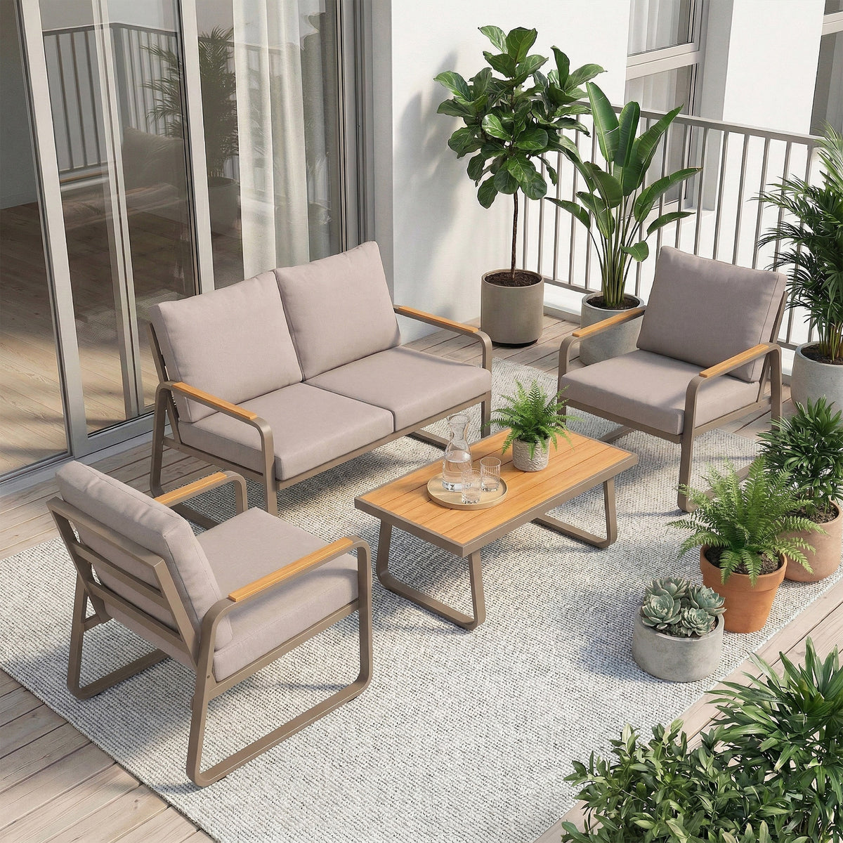 4 Piece Patio Furniture Set, Outdoor Sofa Set with Loveseat, 2 Armchairs, Coffee Table and Cushions