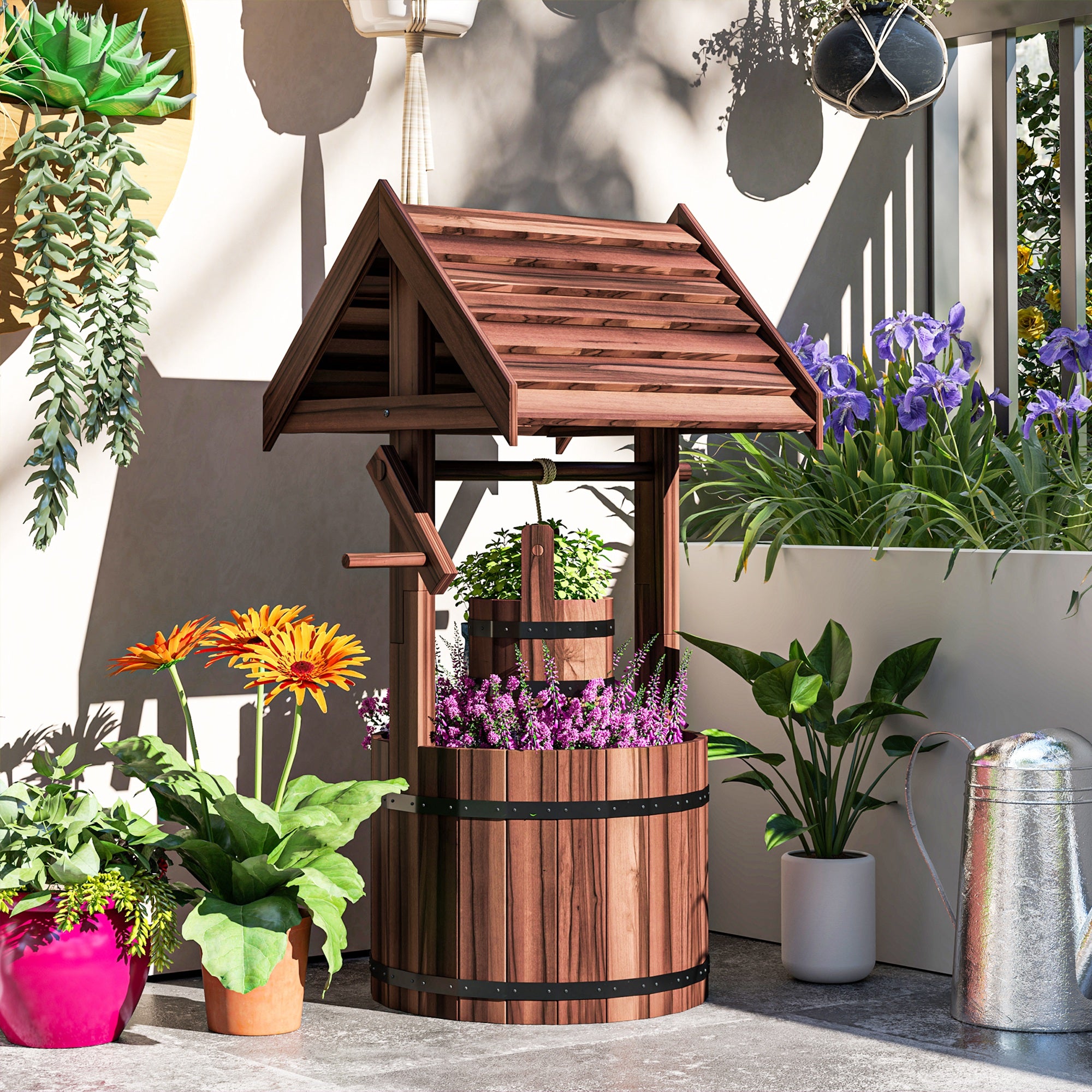 Wood Wishing Well for Outside with Hanging Bucket, Wishing Well Planter with Drain Hole for Garden Patio, Carbonized - Carbonized - Image 8