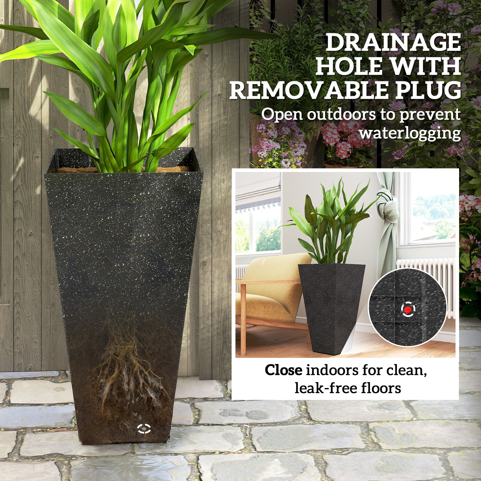 28" Tall Planters, Set of 3 Plastic Flower Pots with Marble Finish and Drainage Holes, Stackable Taper Planters, Black - Black - Image 7