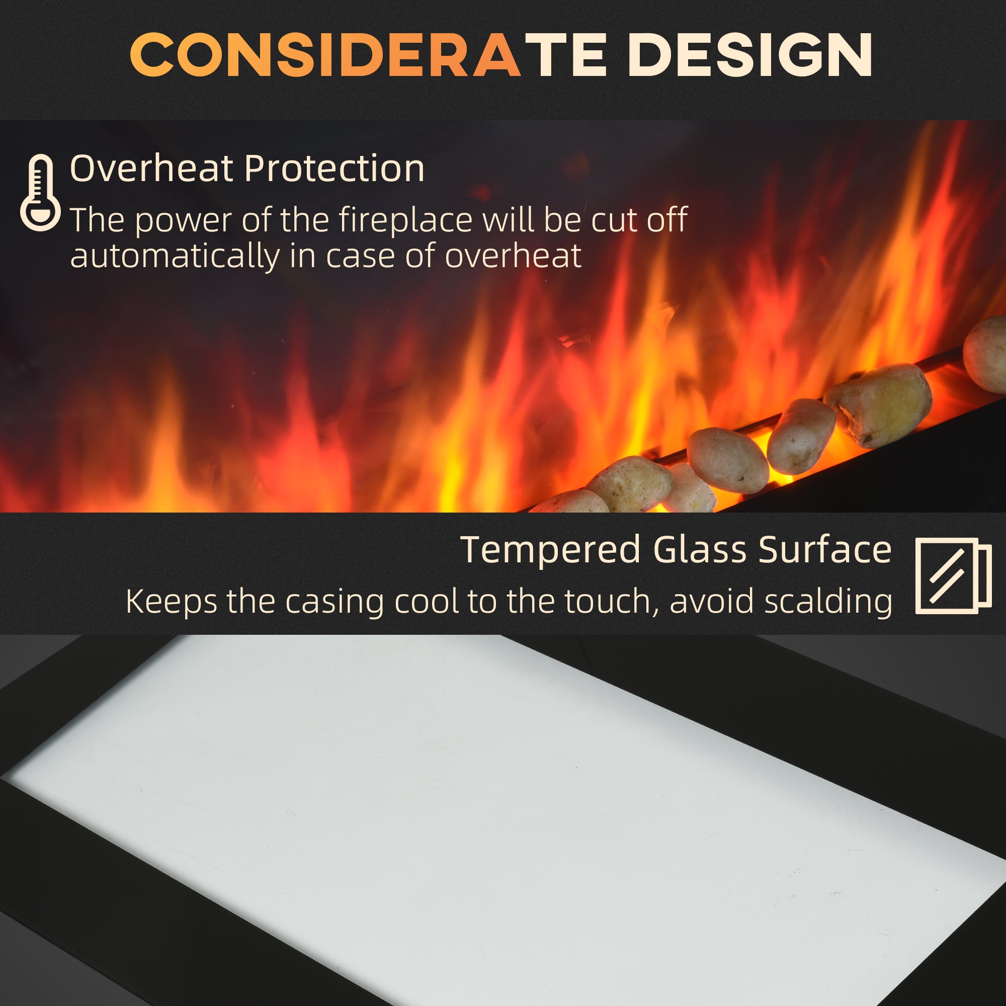 28.5" 1450W Electric Wall-Mounted Fireplace with Flame Effect, 7 Color Background Light, Black