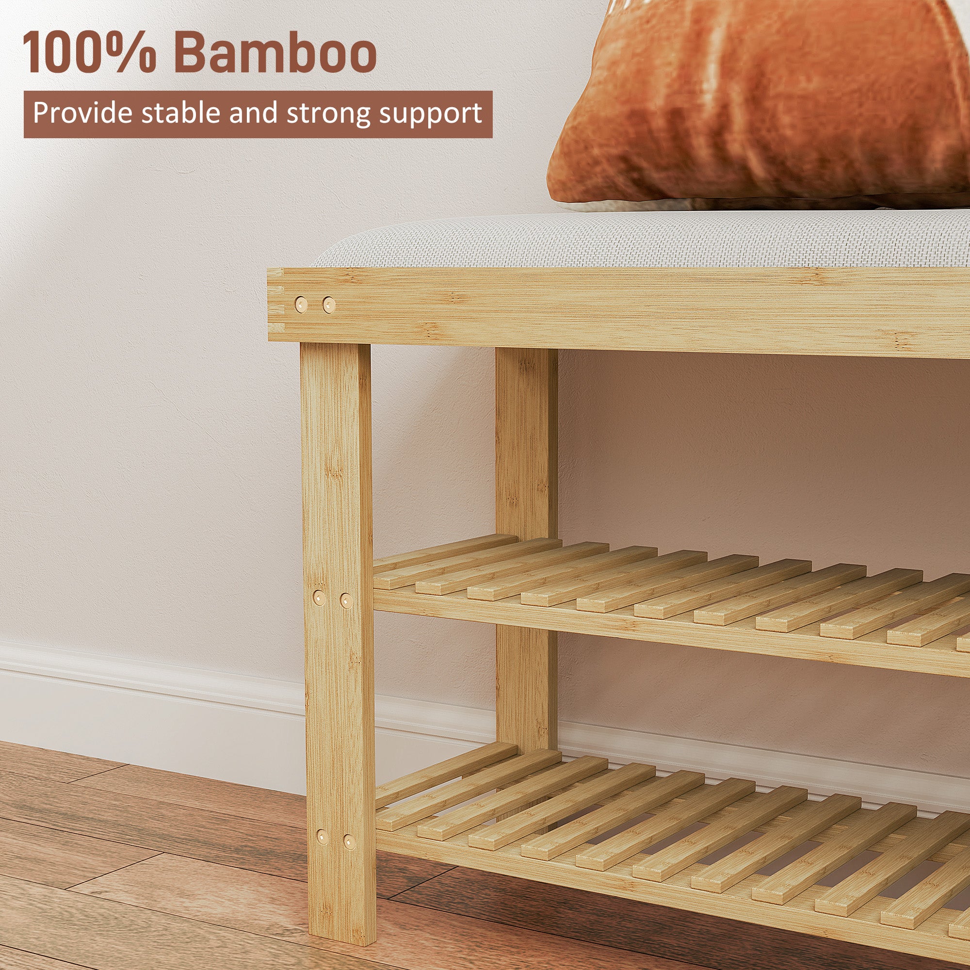 Bamboo Shoe Storage Bench, 3-Tier Entryway Bench with Cushion, Shoe Organizer for Entryway, Hallway, Natural