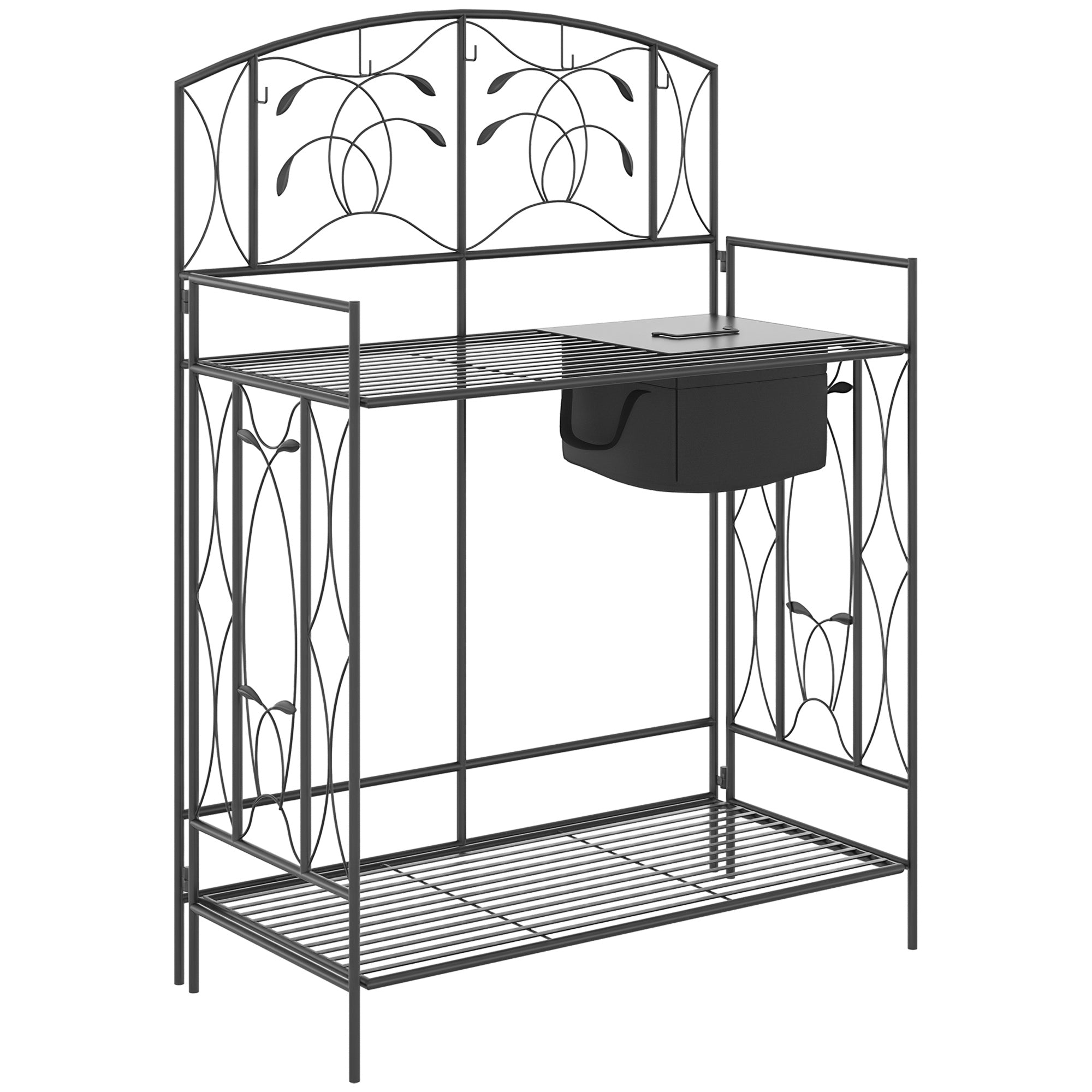 Folding Potting Bench Table, Metal Garden Workstation, Work Bench with Large Built-in Bag with Cover, 5 Hanging Hooks & Storage Shelf, Leaf Pattern - Black