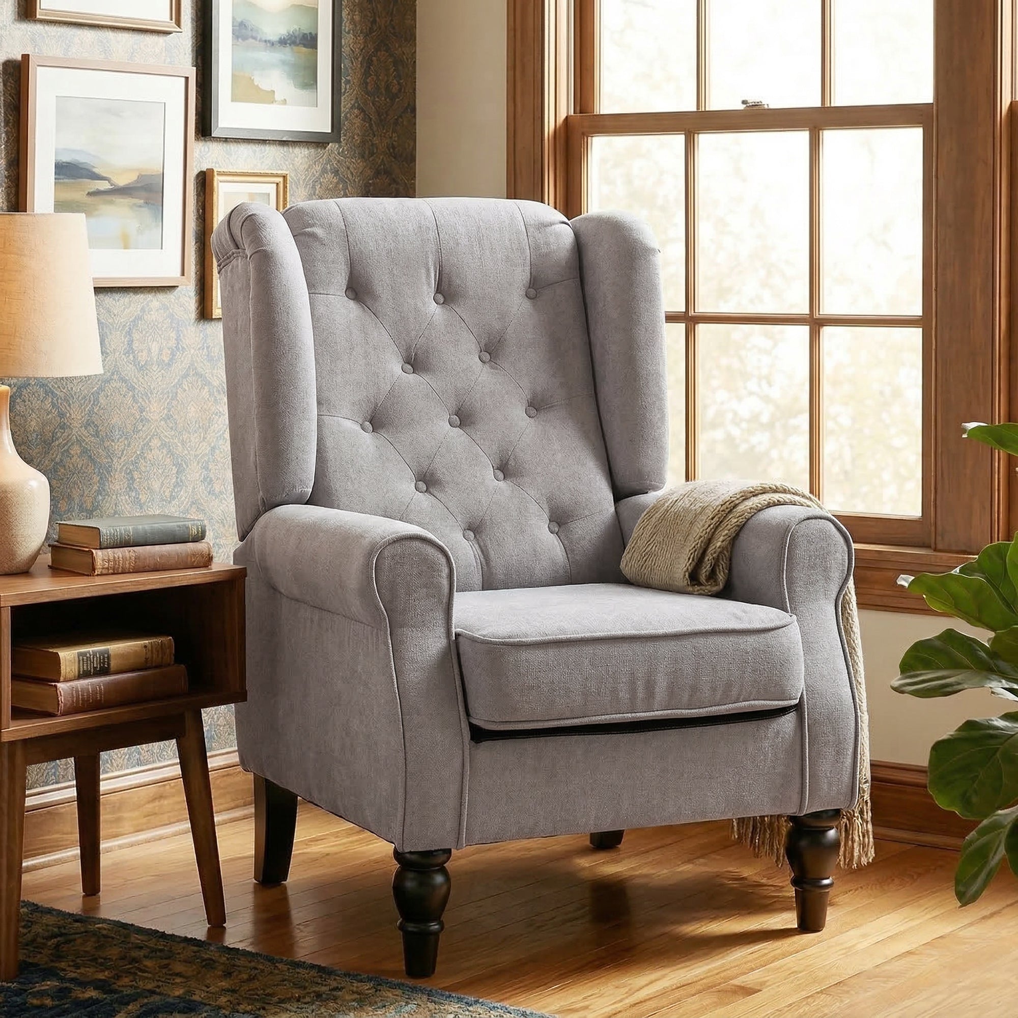 Mid-Century Modern Accent Chair, High Wingback Reading Chair, Button-Tufted Upholstered Fabric Armchair with Retro Wood Legs for Apartment, Living Room, Bedroom, Gray