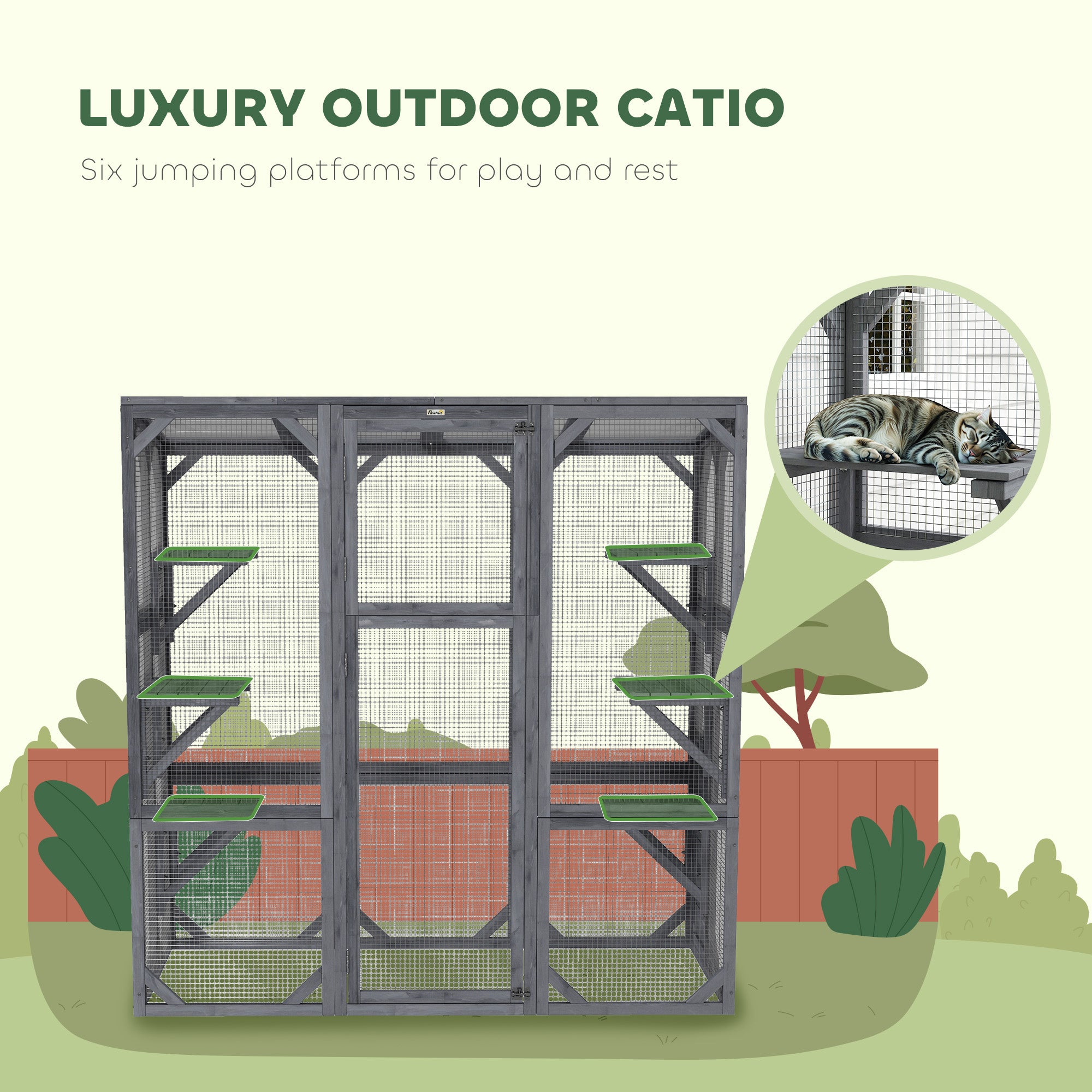 Large Wooden Catio Outdoor with 6 Jumping Platforms, Weatherproof Roof, for 1-3 Cats, 59" x 28" x 60", Gray - Gray - Image 4