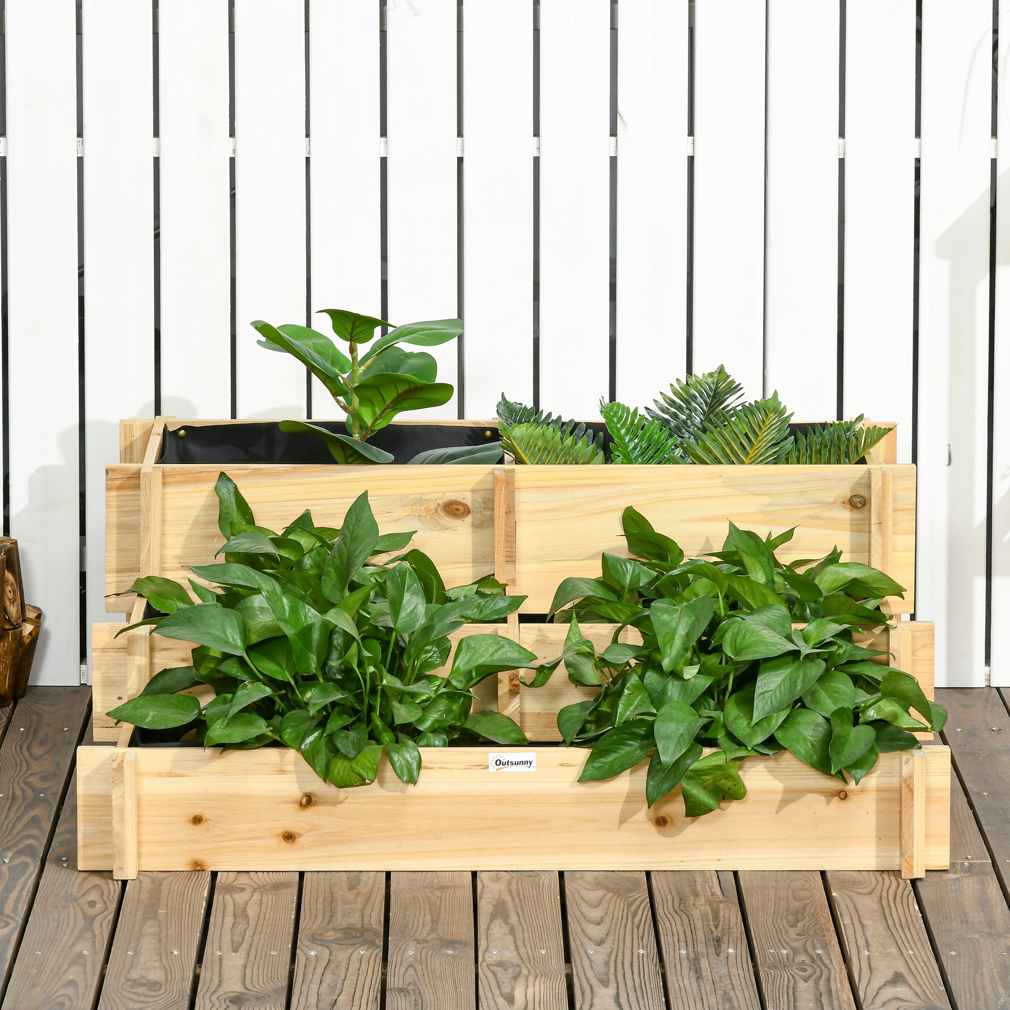 3 Tier Raised Garden Bed, Water Draining Fabric for Soil, Elevated Wood Flower Box for Vegetables, Herbs, Natural - Natural Wood - Image 8