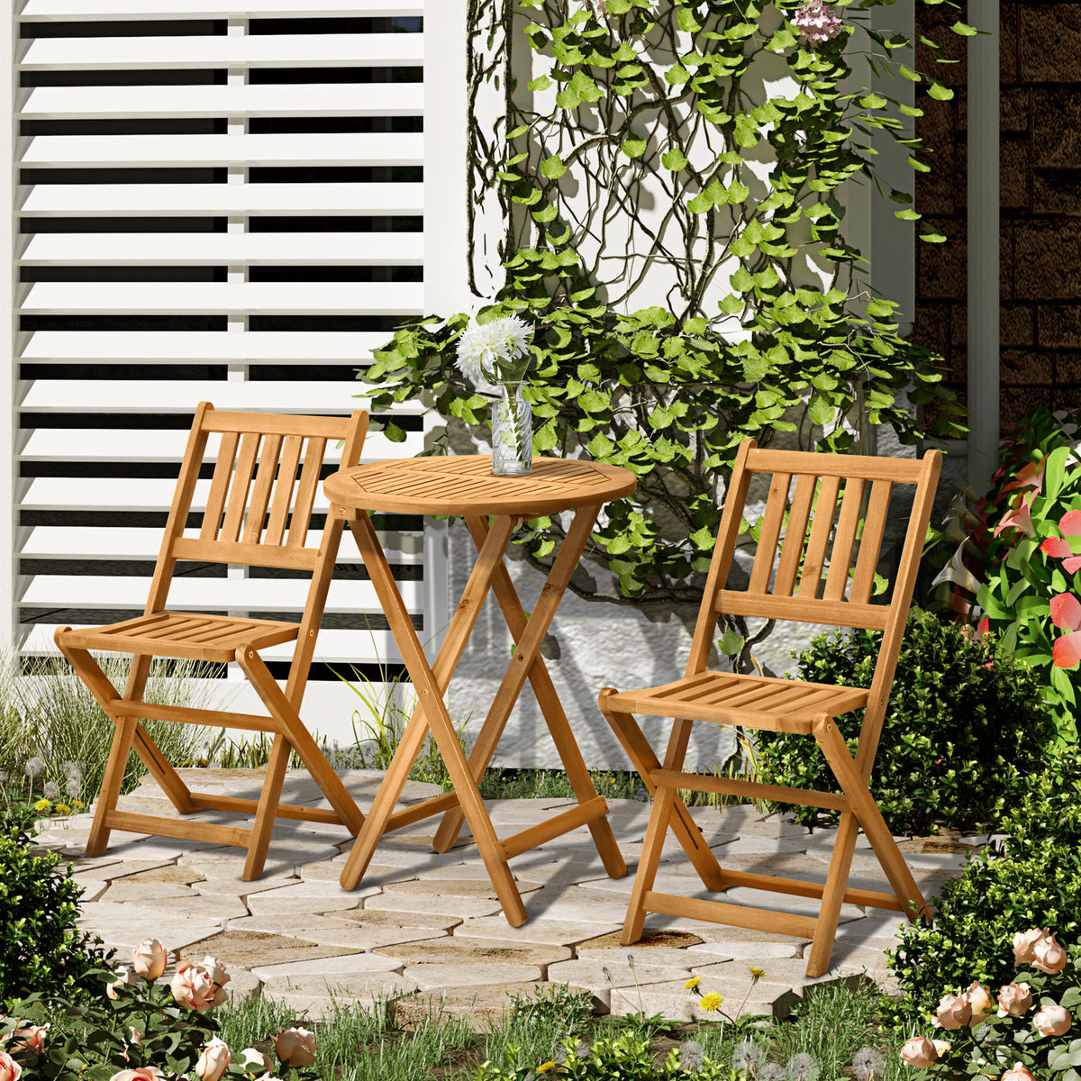 3-Piece Acacia Wood Bistro Set, Folding Patio Furniture with 2 Folding Chairs and Round Coffee Table, Teak, Slatted Finish, for Backyard, Balcony, Deck, Natural