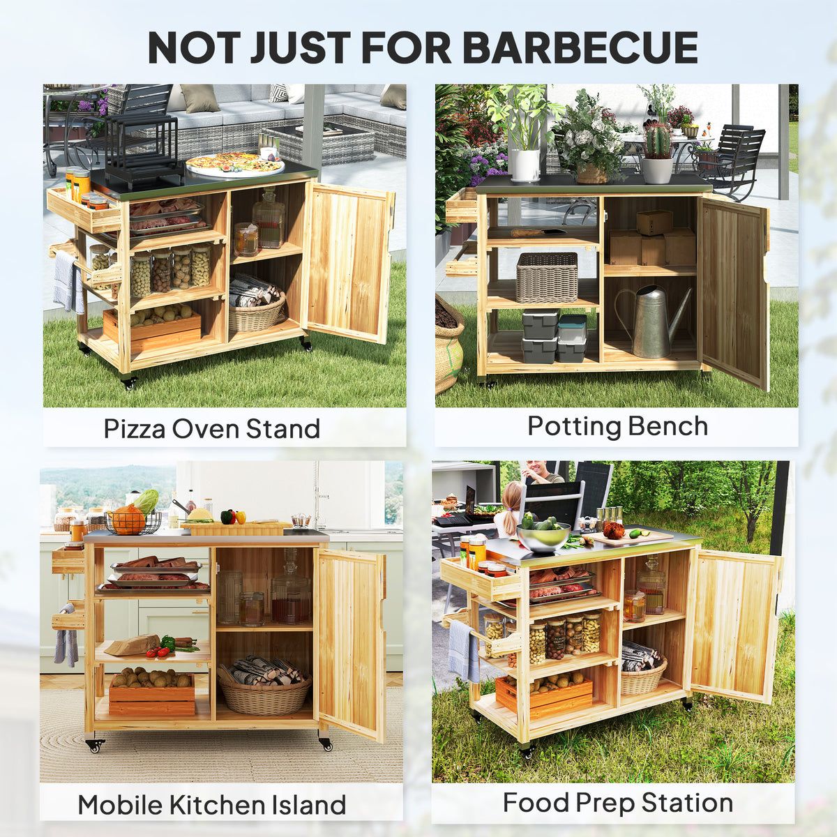 Outdoor Grill Cart with Stainless Steel Top, Solid Wood Outdoor Kitchen Island with Wheels, Natural Wood