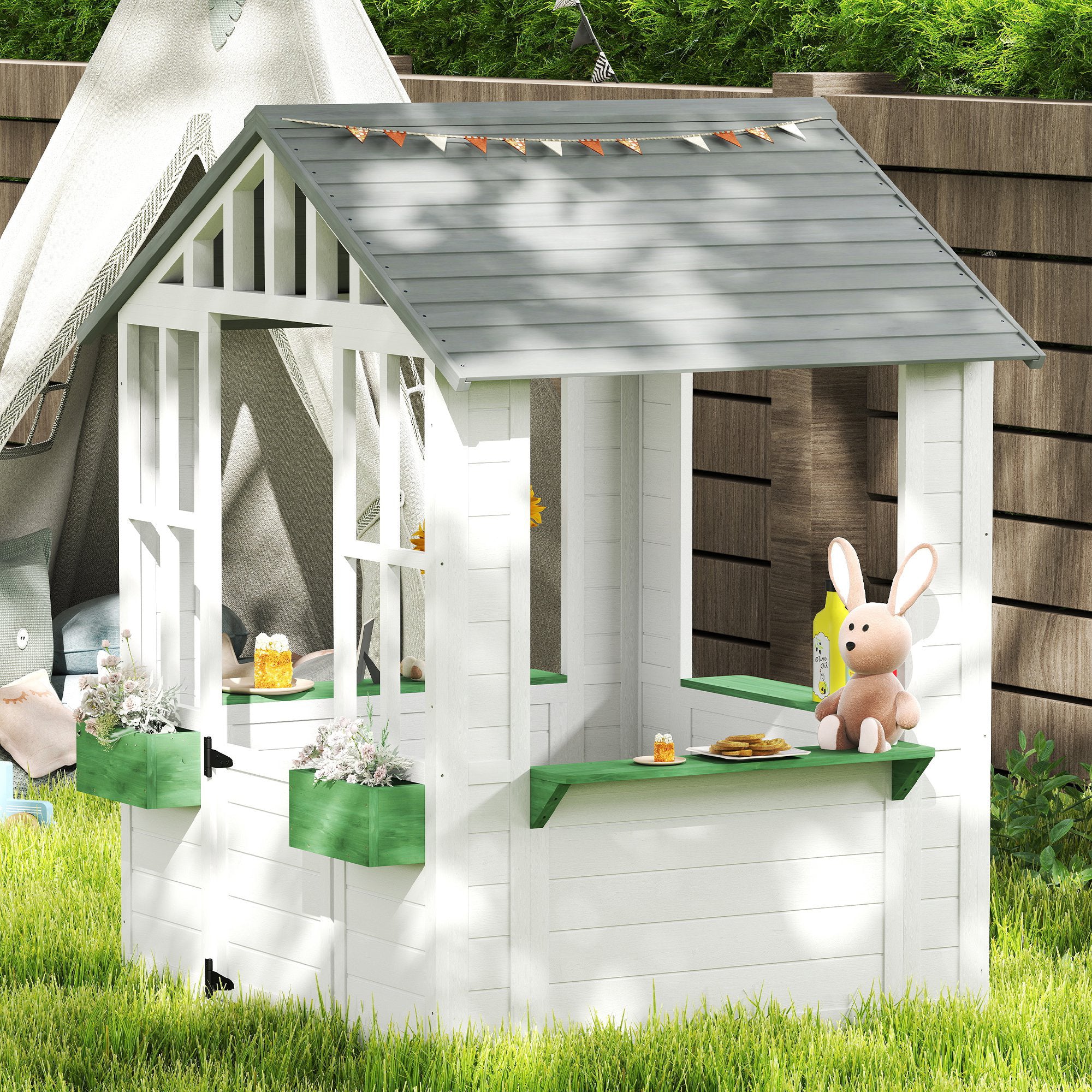 Kids Wooden Playhouse, Outdoor Garden Games Cottage with Flowers Pot Holder, Working Door, Windows, White