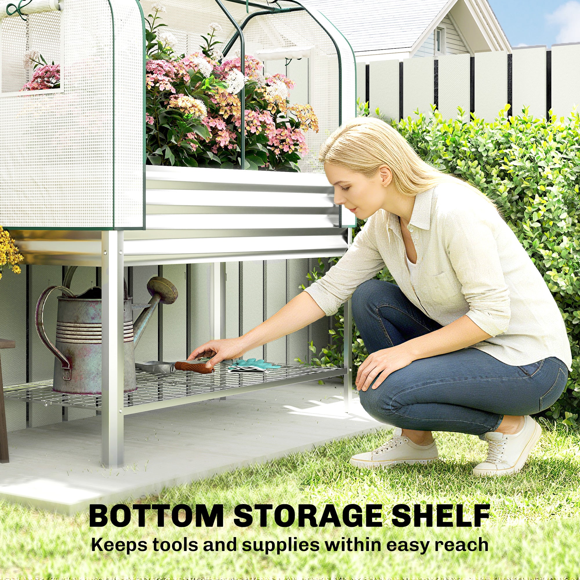 Galvanised Raised Garden Bed with Greenhouse Cover, Metal Elevated Garden Bed with Bed Liner, Bottom Shelf, Silver - Silver - Image 7