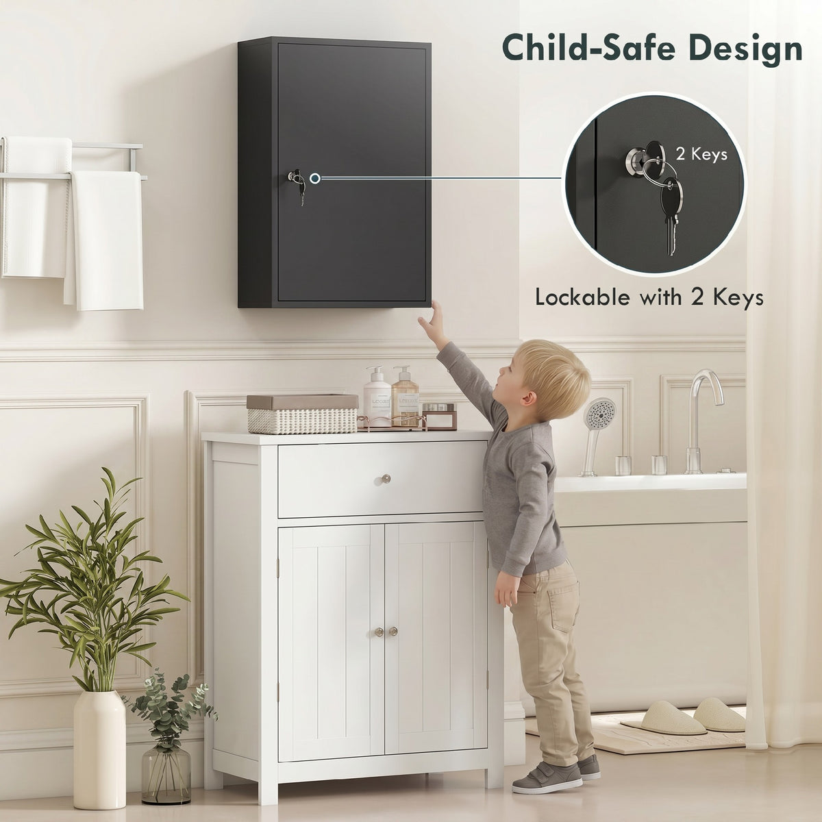 Wall Mount Medical Cabinet, Bathroom Cabinet with 3 Tier Shelves, 2 Keys, 15.7" x 7.1" x 23.6", Black