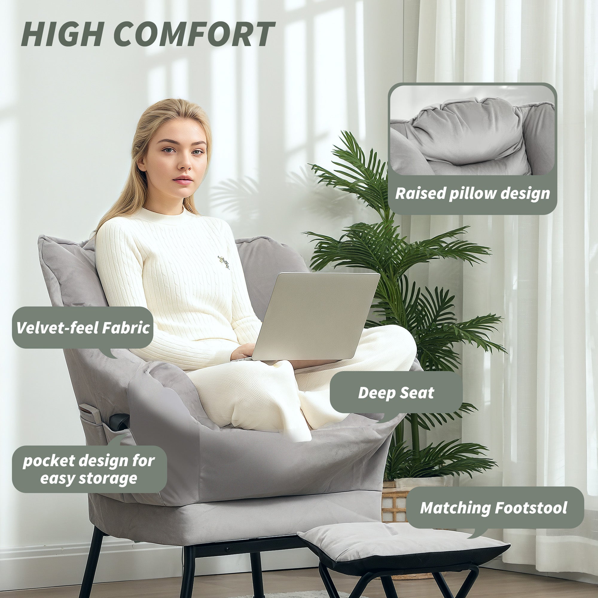 Lazy Chair and Ottoman Set, Fabric Upholstered Accent Chair with Side Pockets, for Living Room, Bedroom, Light Gray