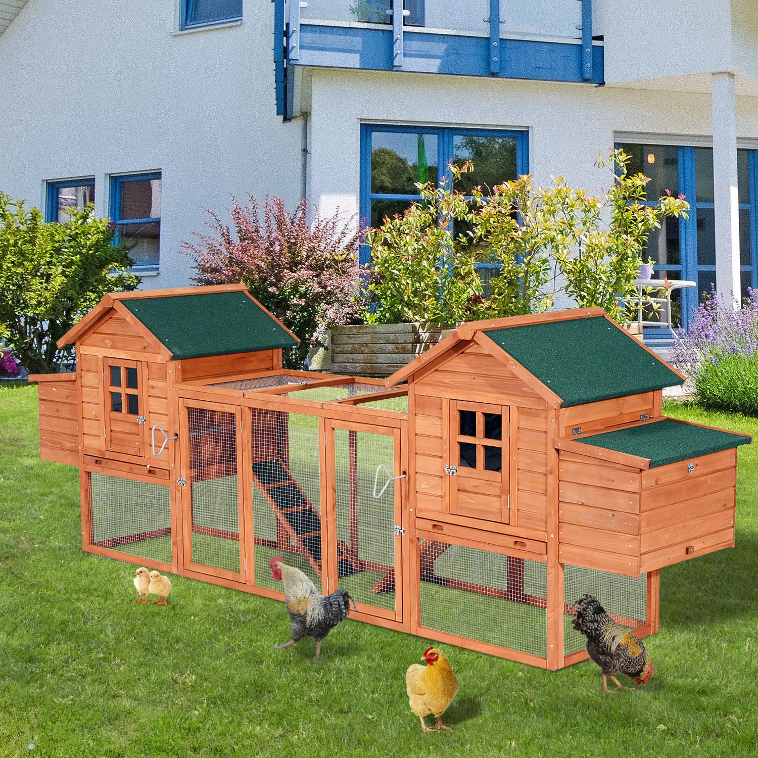 124" Dual Chicken Coop Wooden Large Chicken House Rabbit Hutch Hen Poultry Cage Backyard with Outdoor Ramps and Nesting Boxes - Natural Wood 2 - Image 2