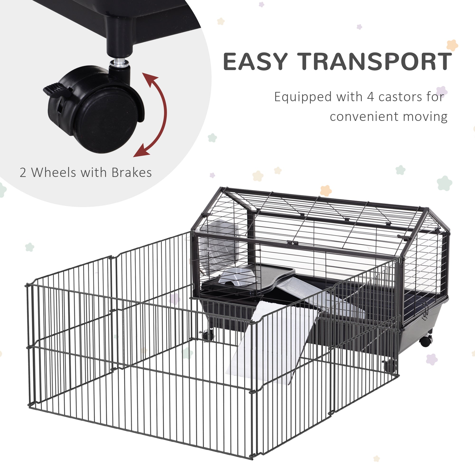 Rolling Metal Rabbit, Guinea Pig, or Small Animal Hutch Cage with Main House and Run - Black and Beige - Image 6