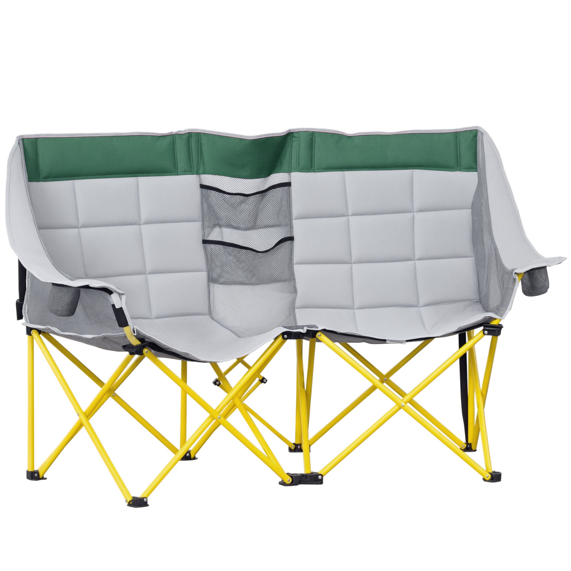 Loveseat Style Camping Chair, Oversized Folding Lawn Chair with Carry Bag & Cup Holders, for Outdoor, Beach, Picnic, Hiking, Travel, Green & Gray