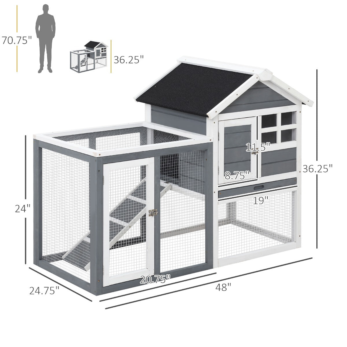 Indoor Rabbit Enclosure, 48" Weatherproof Wooden Rabbit Hutch, with Slanted Asphalt Roof & Fun Outdoor Run for Bunnies & Ferrets - Gray - Grey and White - Image 3