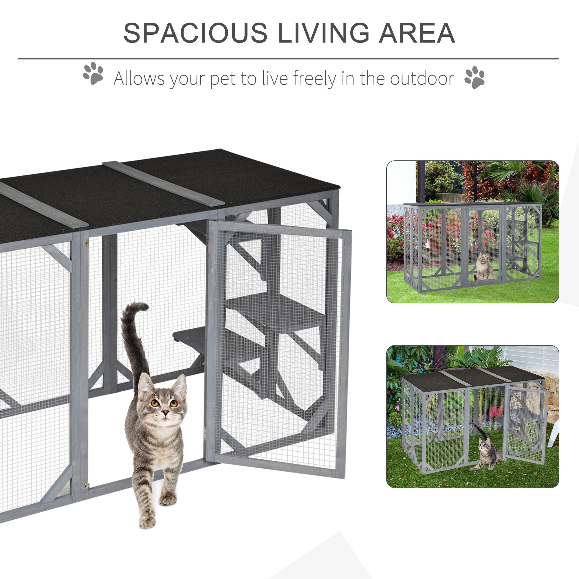 71" x 32" x 44" Large Wooden Outdoor Cat Enclosure Catio Cage With 3 Platforms, Gray - Grey - Image 7