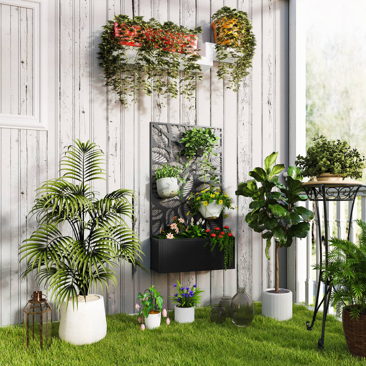 Metal Garden Bed with Trellis for Climbing Plants, Freestanding or Wall Mounted Flower Bed for Garden, Patio, Balcony