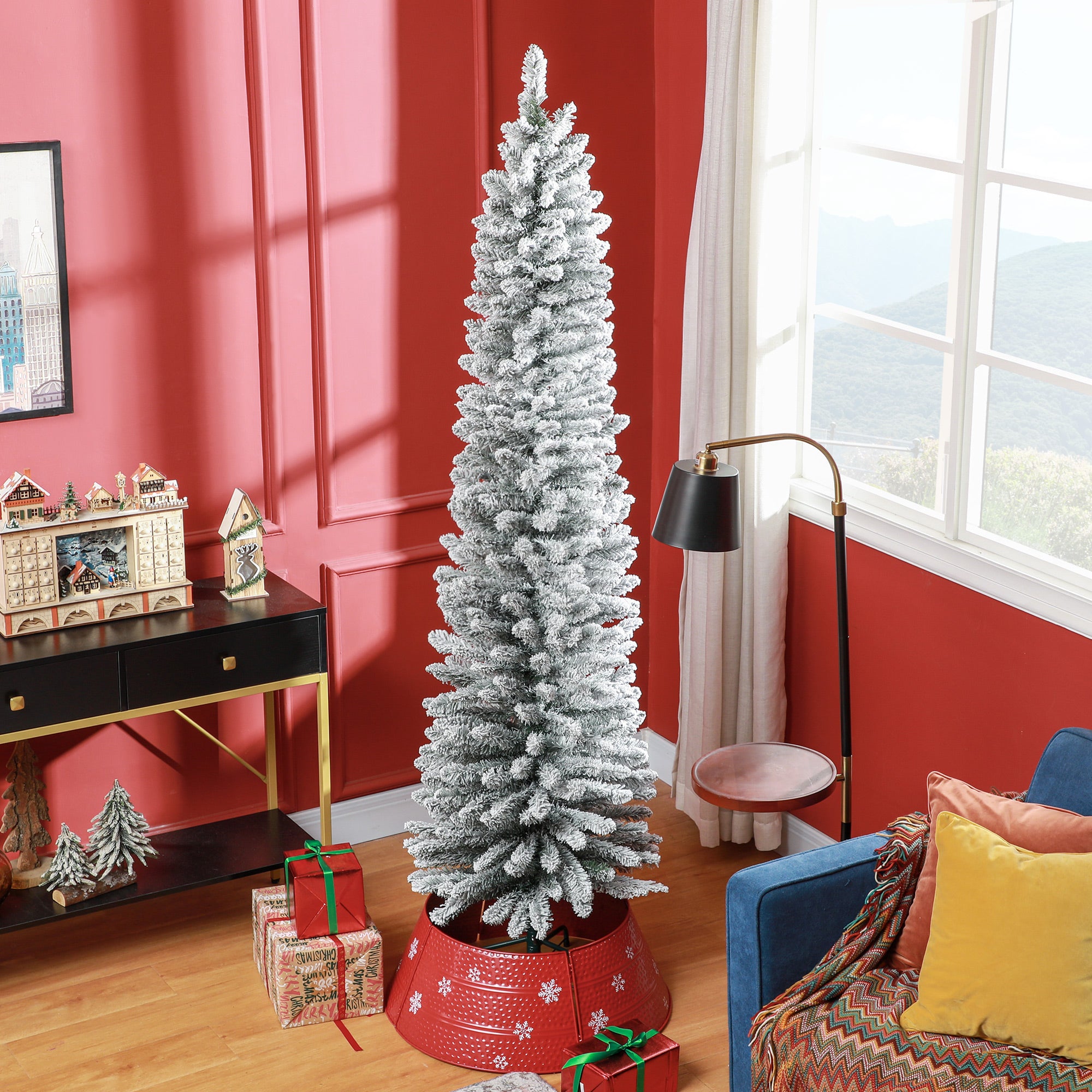 7ft Artificial Christmas Tree, Snow Flocked Branches, Metal Base, Pencil Xmas Tree