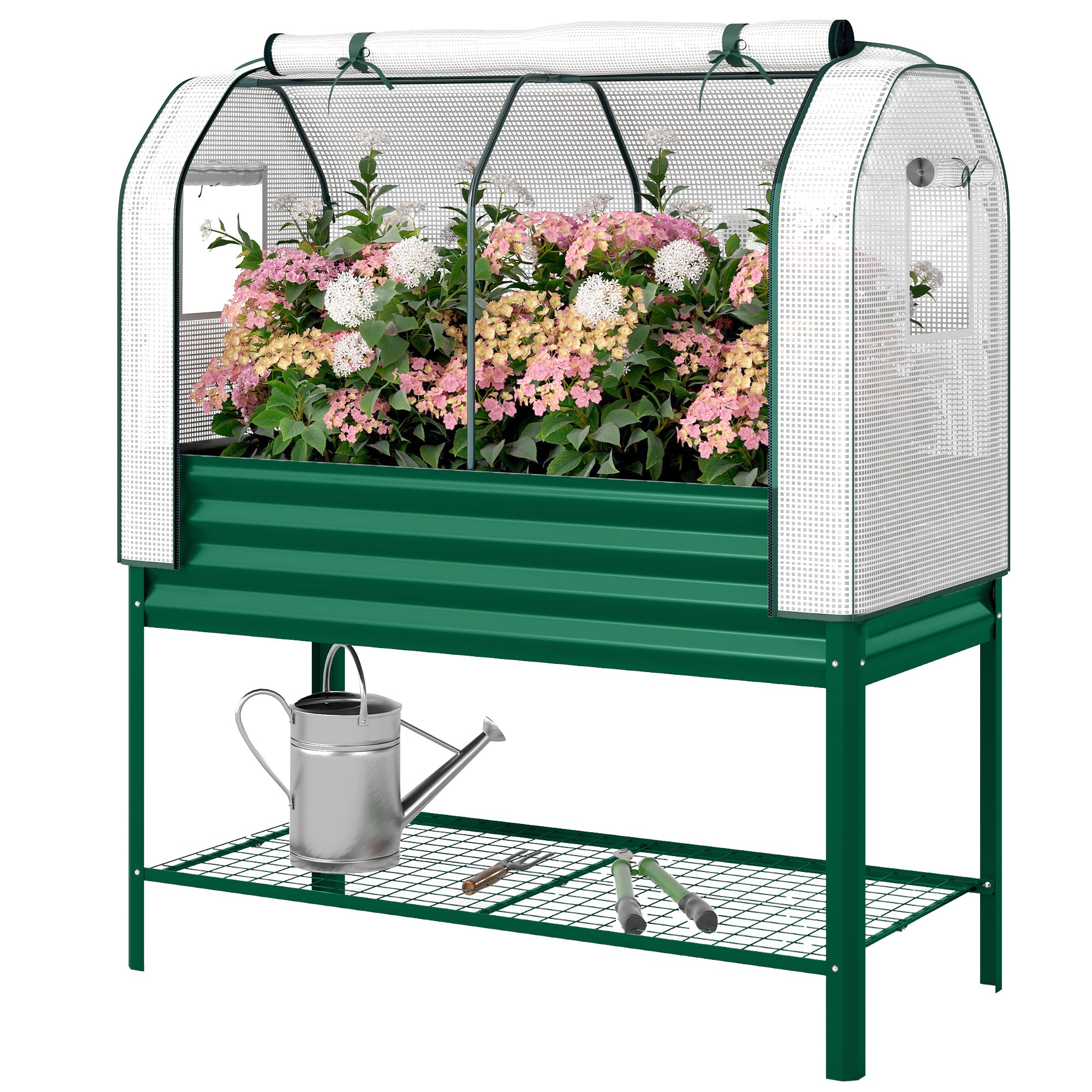 Galvanised Raised Garden Bed with Greenhouse Cover, Metal Elevated Garden Bed with Bed Liner, Bottom Shelf, Green - Green
