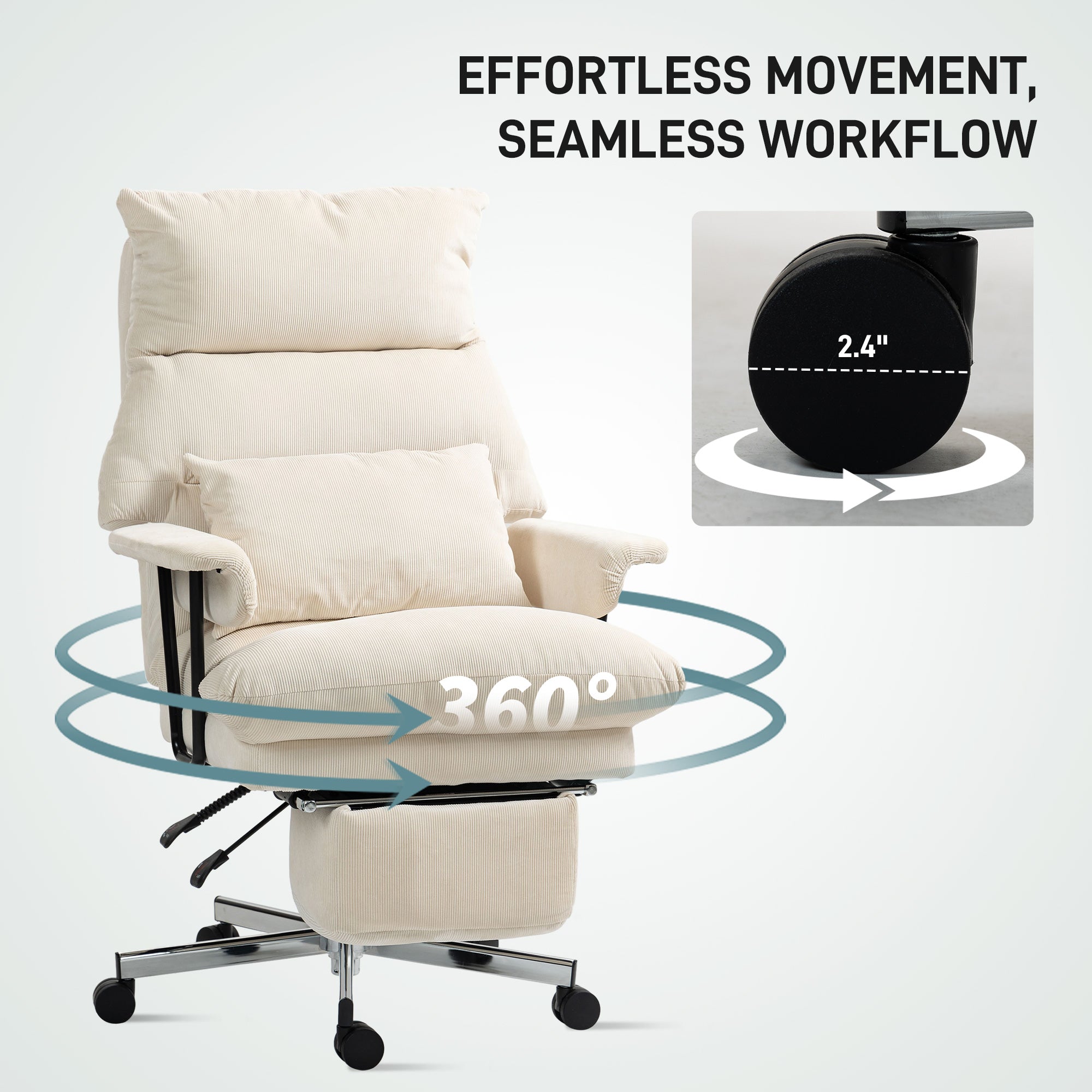 Executive Office Chair with Lumbar Support, Footrest, High Back Reclining Overstuffed Desk Chair with, Cream White