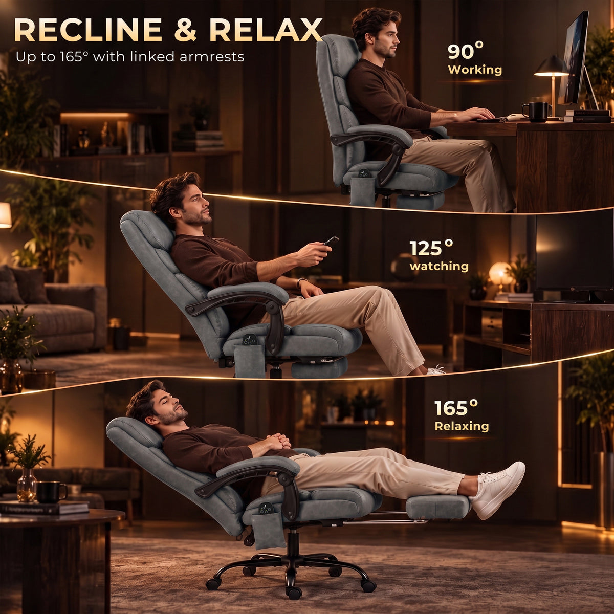 Massage Office Chair Vibration Computer Chair Heated Reclining PU Leather Footrest Height Adjustable Gray