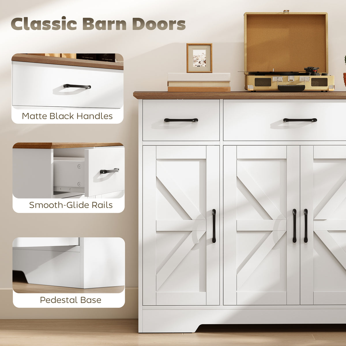 47" Buffet Cabinet with Soft-Close Hinges, Farmhouse Sideboard with 3 Drawers, Adjustable Shelves and Spice Racks, White