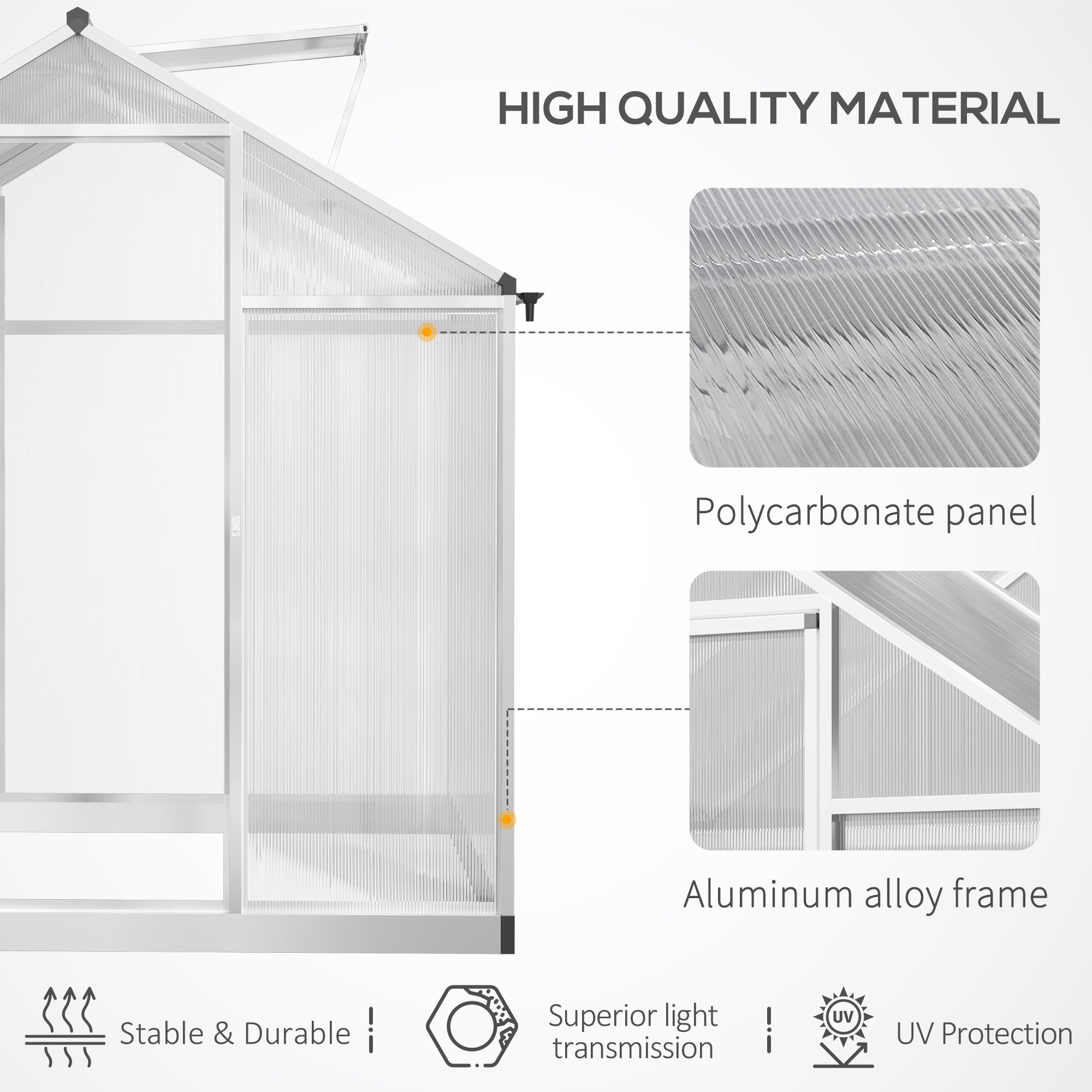 8' L x 6' W Walk-In Polycarbonate Greenhouse with Roof Vent for Ventilation & Rain Gutter for Winter - Silver - Image 4