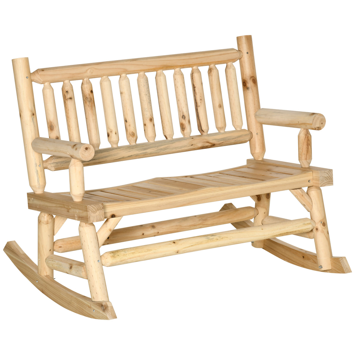2-Person Wood Rocking Chair with Log Design, Heavy Duty Loveseat with Wide Curved Seats for Patio, Backyard, Garden, Natural