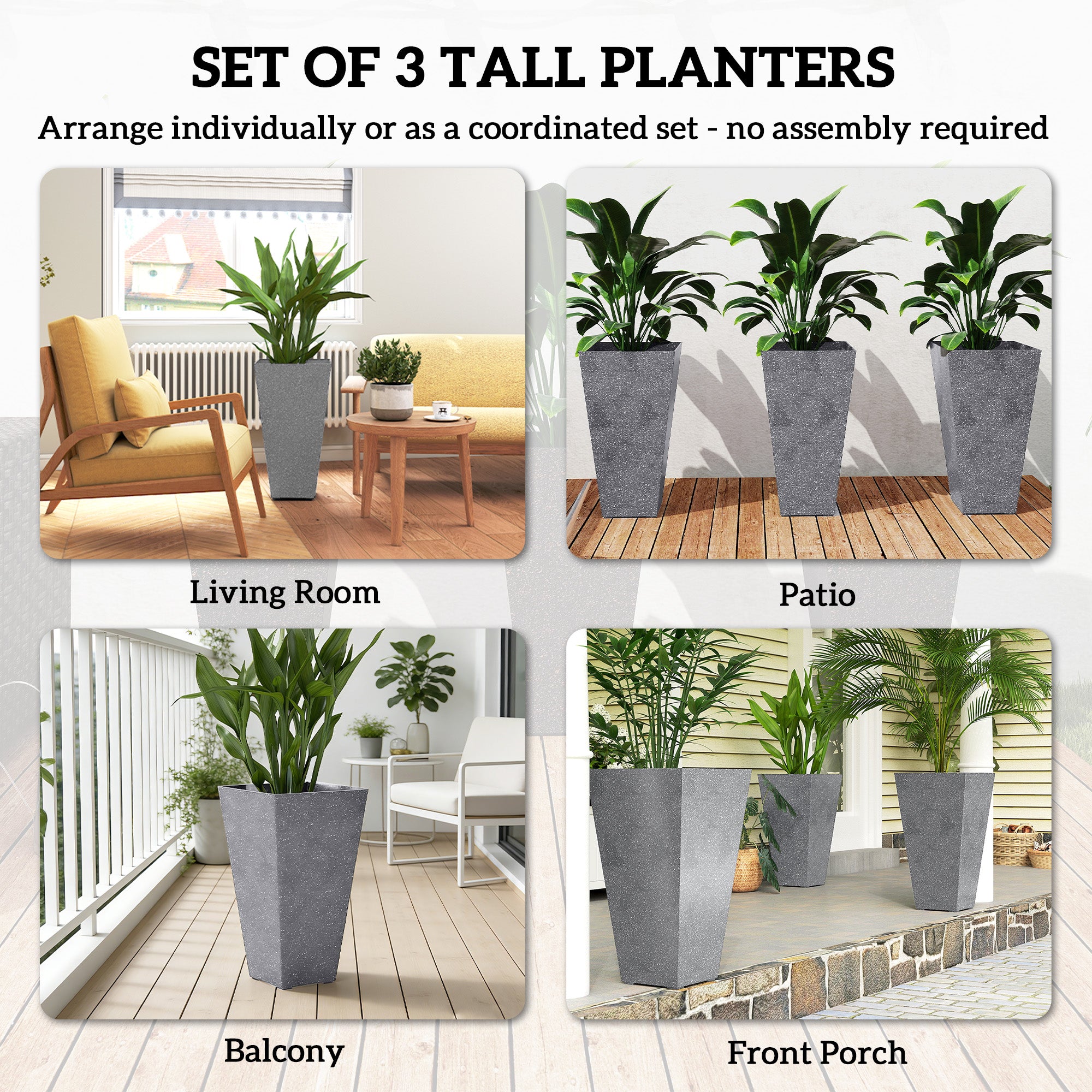 28" Tall Planters, Set of 3 Plastic Flower Pots with Marble Finish and Drainage Holes, Stackable Taper Planters, Gray - Gray - Image 4