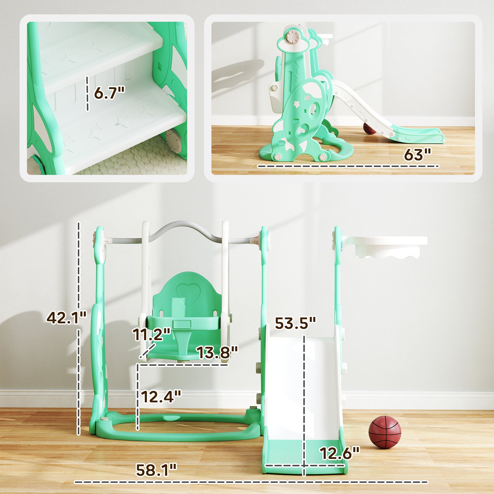 4 in 1 Toddler Slide and Swing Set for Ages 1.5-4, Toddler Playset Playground with Climber, Basketball Hoop, Green