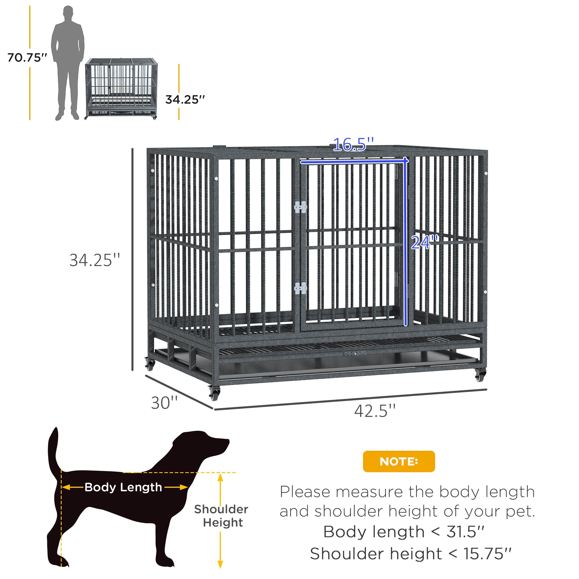 43" Heavy Duty Dog Crate Metal Cage Kennel with Lockable Wheels, Double Door and Removable Tray, Gray - Grey Vein - Image 3