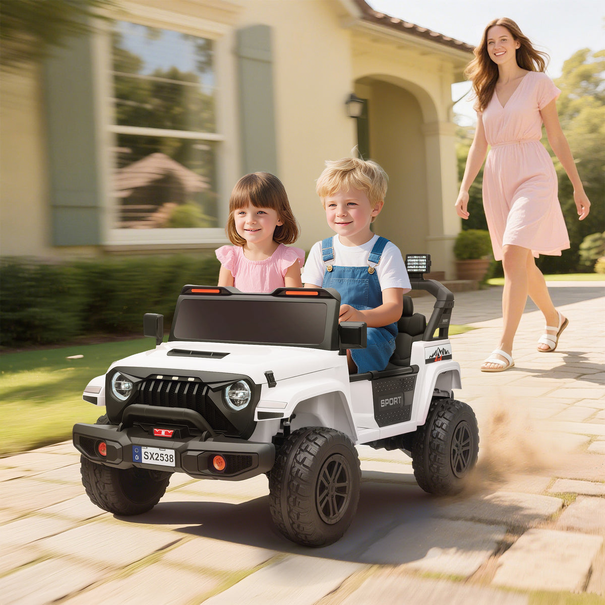 Qaba Ride on Truck Car with 2-Seater, 24V Electric Car with 4 Motors, Remote Control, Spring Suspension for 3-8 Years, White