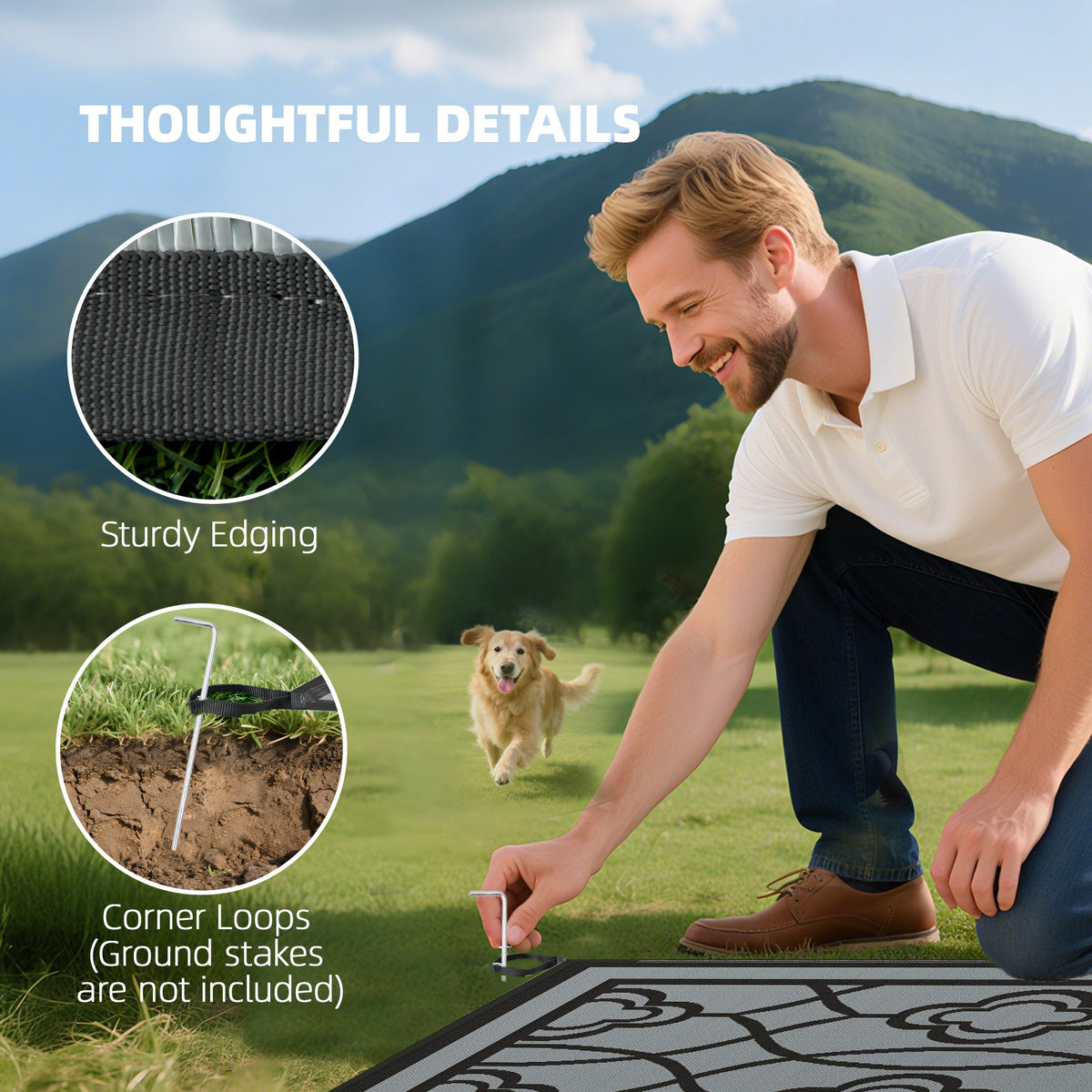 Reversible Outdoor Rug, Waterproof Plastic Straw with Carry Bag, 9' x 18', Black & Gray Lantern