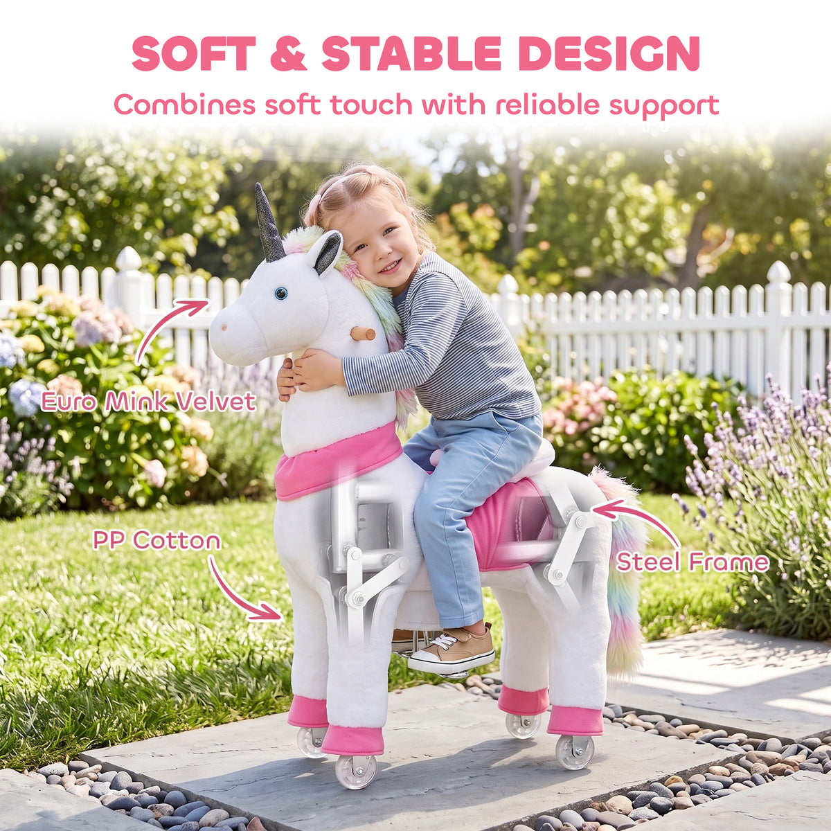 Unicorn Ride on Horse for Kids 4-12 Years, 37.4 Inch Height Plush Riding Pony with Rolling Wheels for Active Play, White