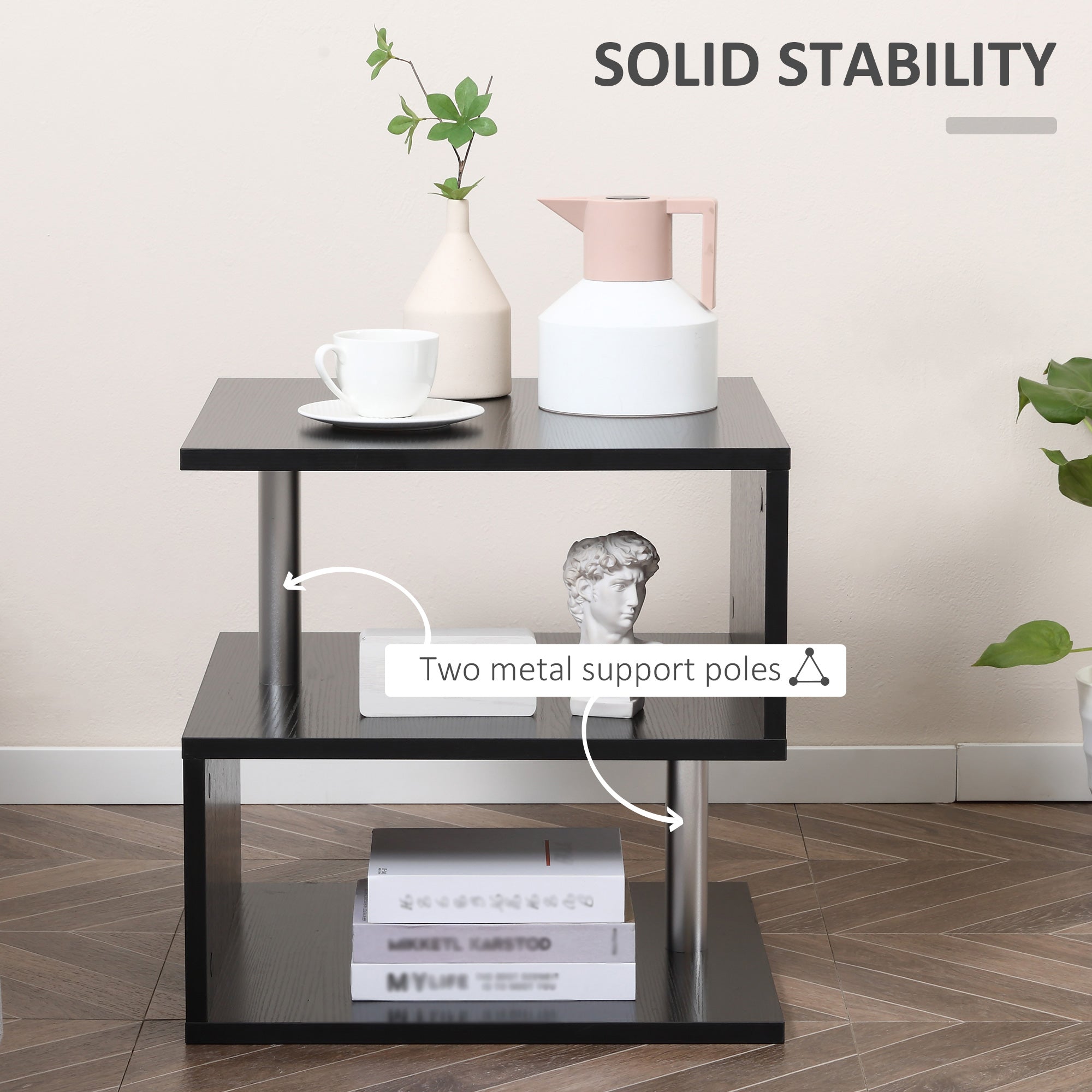 20" Modern End Table, Accent Side Table, S-Shaped Coffee Table with Storage Shelf and Steel Poles, Black