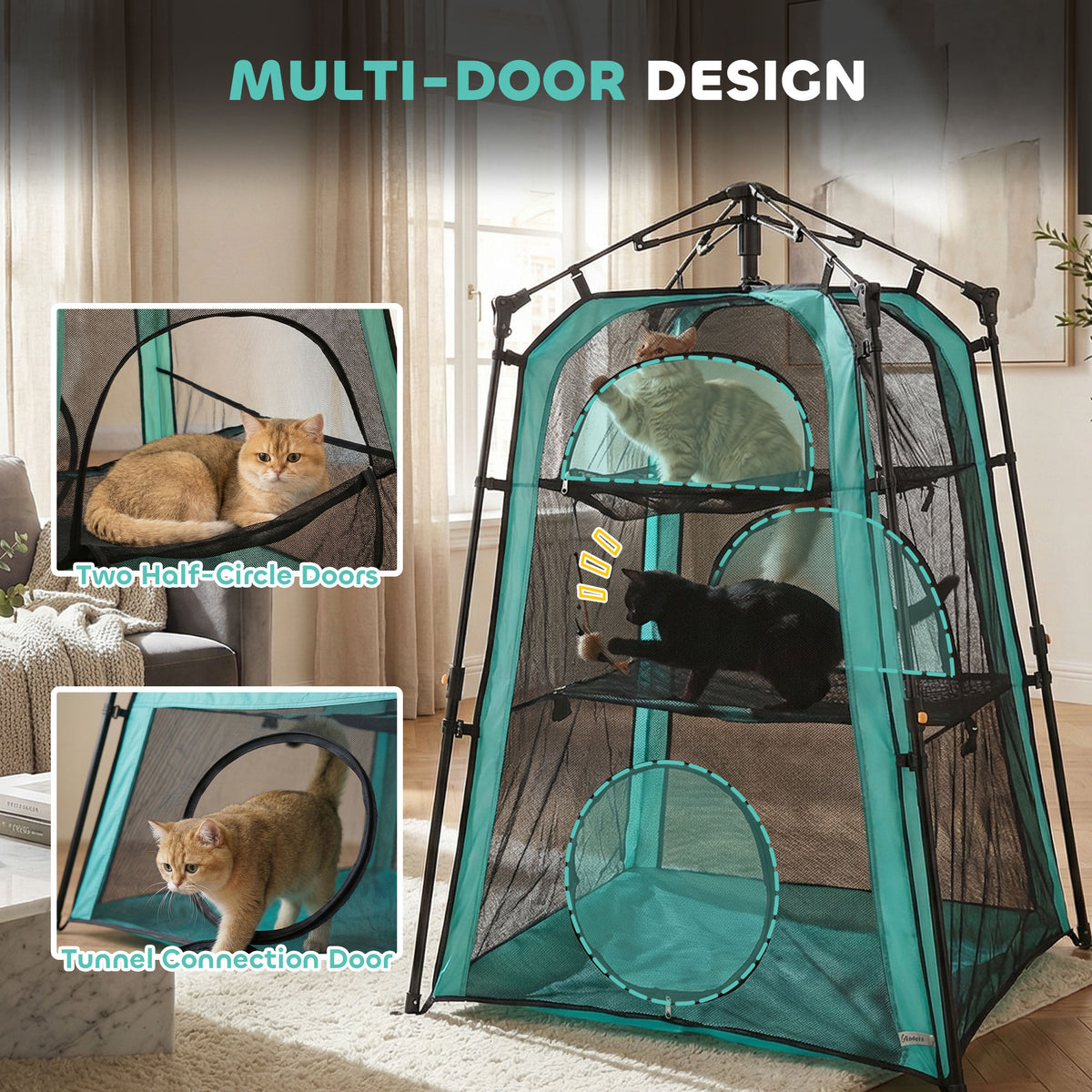 Catio Outdoor Cat Enclosure, 3-Tier Pop Up Cat Tent with Multi-Door Design, Breathable Mesh & Carry Bag, Green