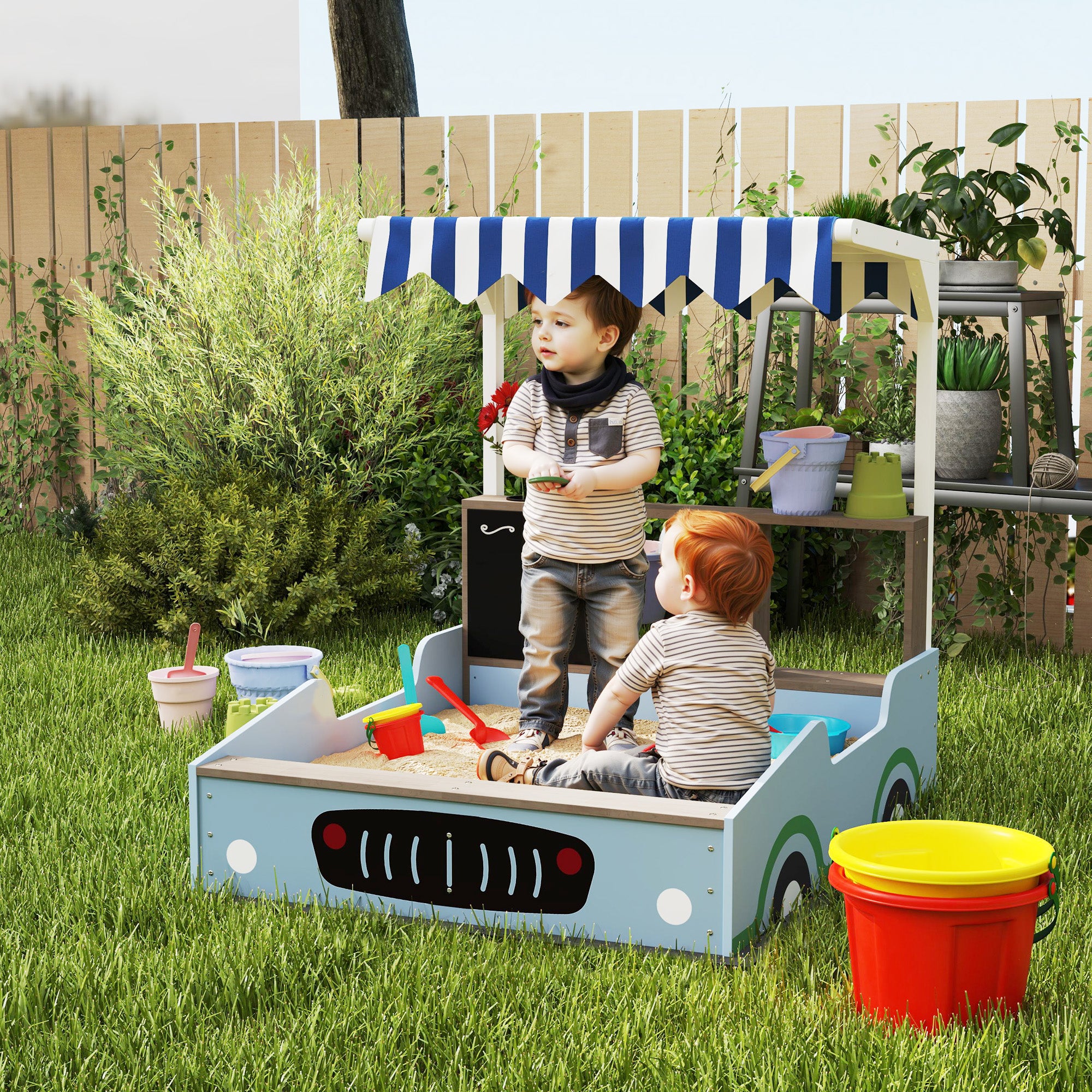 Kids Wooden Sandbox with Canopy with Bench Seats, Bottom Liner, Drawing Board, Planting Boxes for Backyard, Garden, Blue