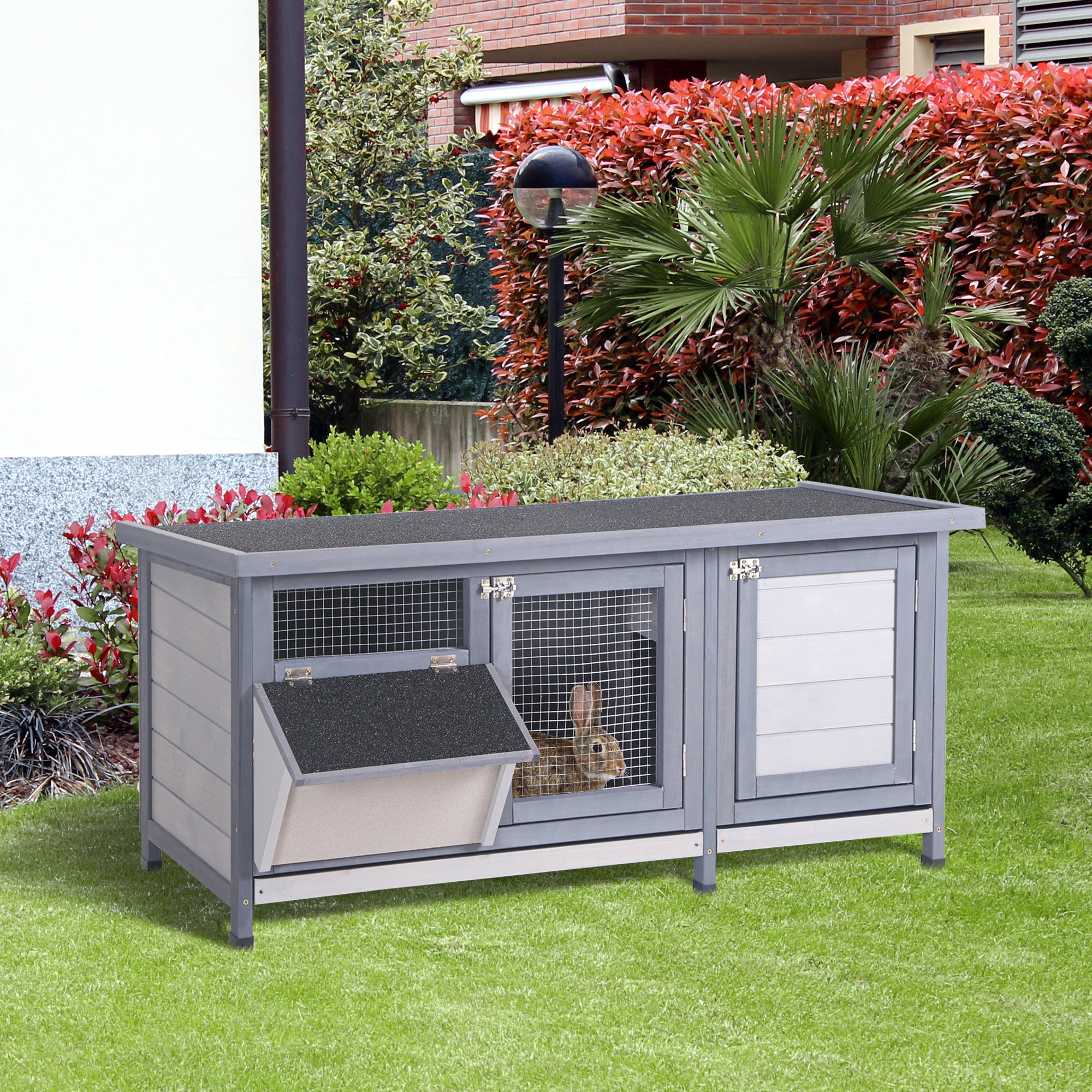 Wooden Rabbit Hutch Bunny Hutch Cage Guinea Pig with Waterproof Roof, No Leak Tray and Feeding Trough, for Rabbits, Chickens, Ducks, Indoor/Outdoor, Gray - Grey - Image 2