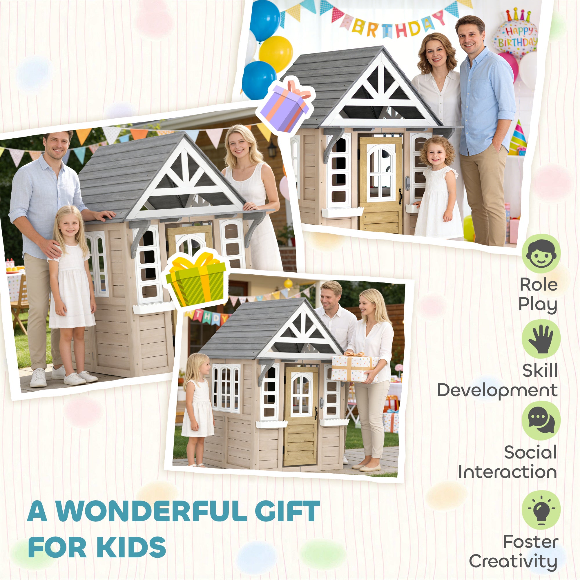Outdoor Playhouse, Wooden Kids Playhouse with Dog Door, Cookware, Planter Box, Bell, Blackboard, Clock for Backyard