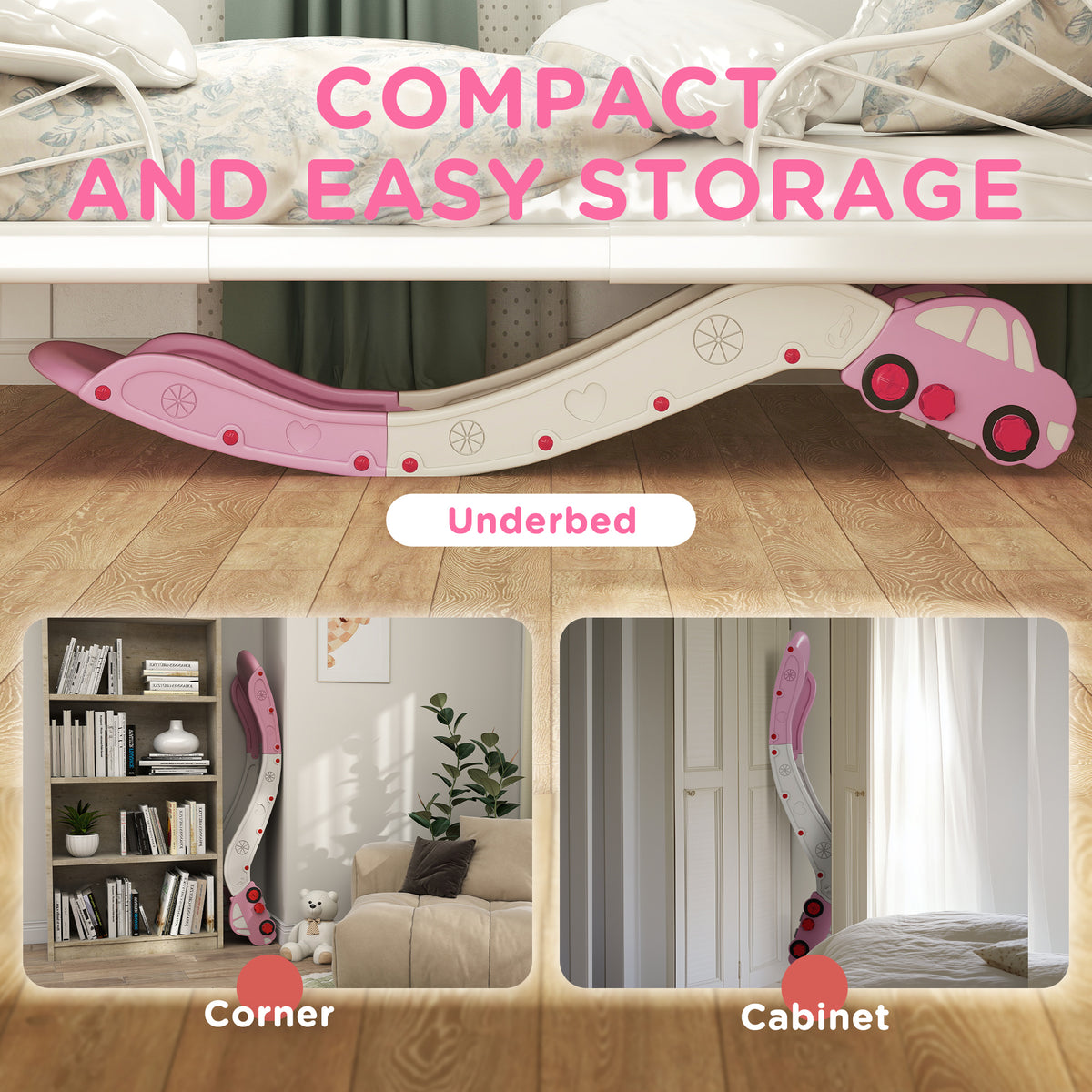 Extra Length Toddler Slide for Bed, Sofa, Easy to Assemble, Pink