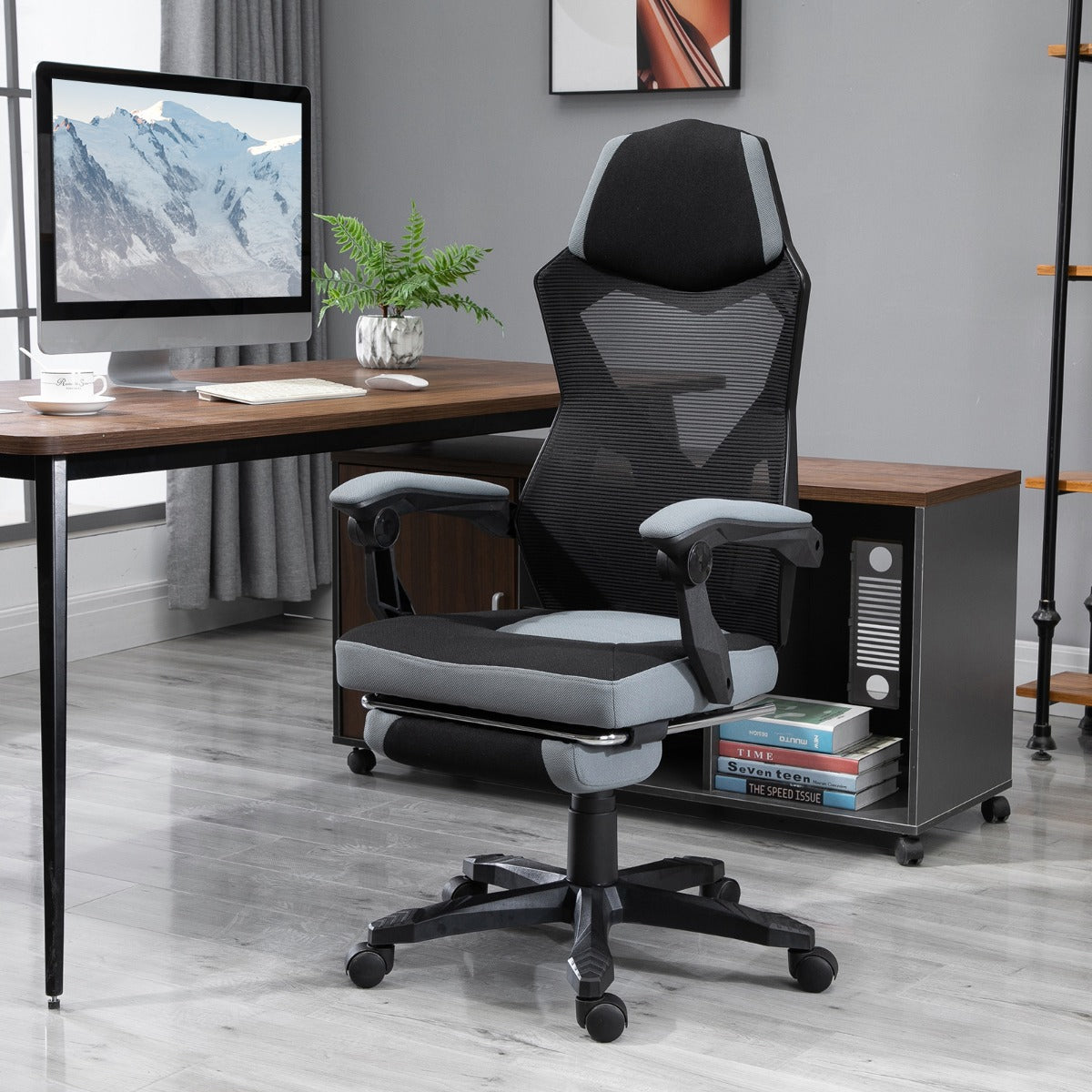 Home Office Chair Adjustable Height Recliner with Retractable Footrest, Mesh Back - Gray